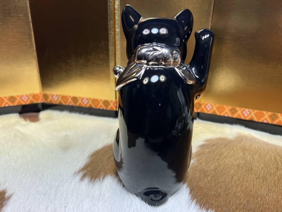 Amazon.co.jp: 高級銀色プラチナ黒猫招き猫置物陶器ねこネコ九谷瀬戸