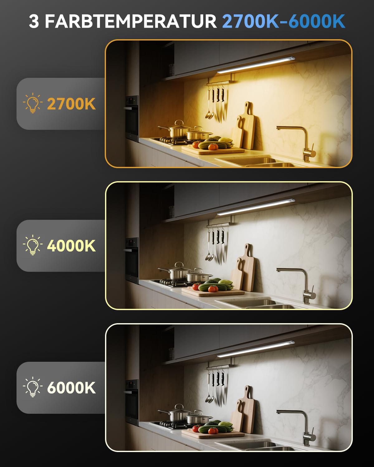 296 LED Unterbauleuchte Küche Dimmbar, 80CM Lichtleiste Schrankbeleuchtung mit Bewegungsmelder, 6600mAh wiederaufladbar Lampe Beleuchtung, 3 Farbmodi 2700-6500K magnetische leiste für Schränke