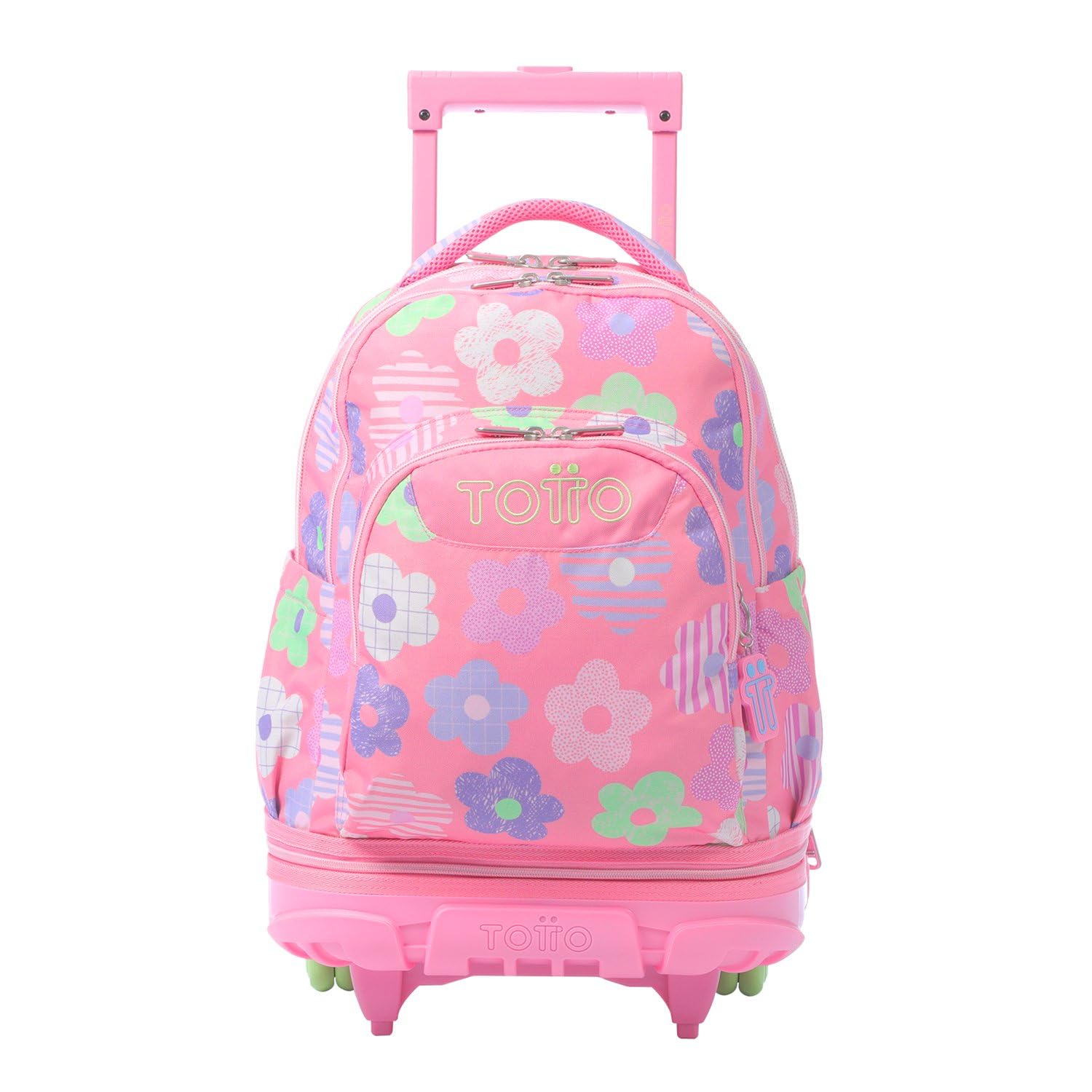 TOTTO Mochila Escolar con Ruedas Desmontables, Modelo Tiza, Capacidad 26 L, Mochila PC 15.4", Bolsillo Botella, Manija Telescópica, Espaldar Ergonómico y Correas en S, Estampado Margaly Rosa