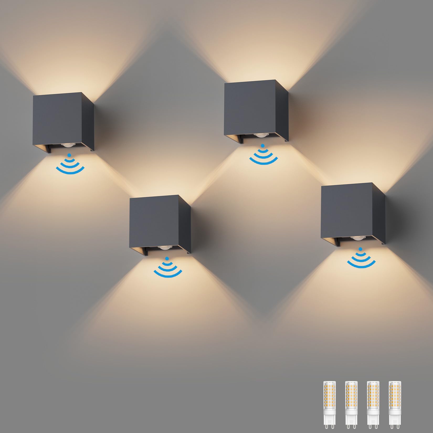Klighten 4 Stücke Außenwandleuchten mit Bewegungsmelder Warmweiß 3000K Außenlampe mit Bewegungsmelder Wandlampe Einstellbar Abstrahlwinkel, mit Austauschbarer G9 LED Lampe (Anthrazit)