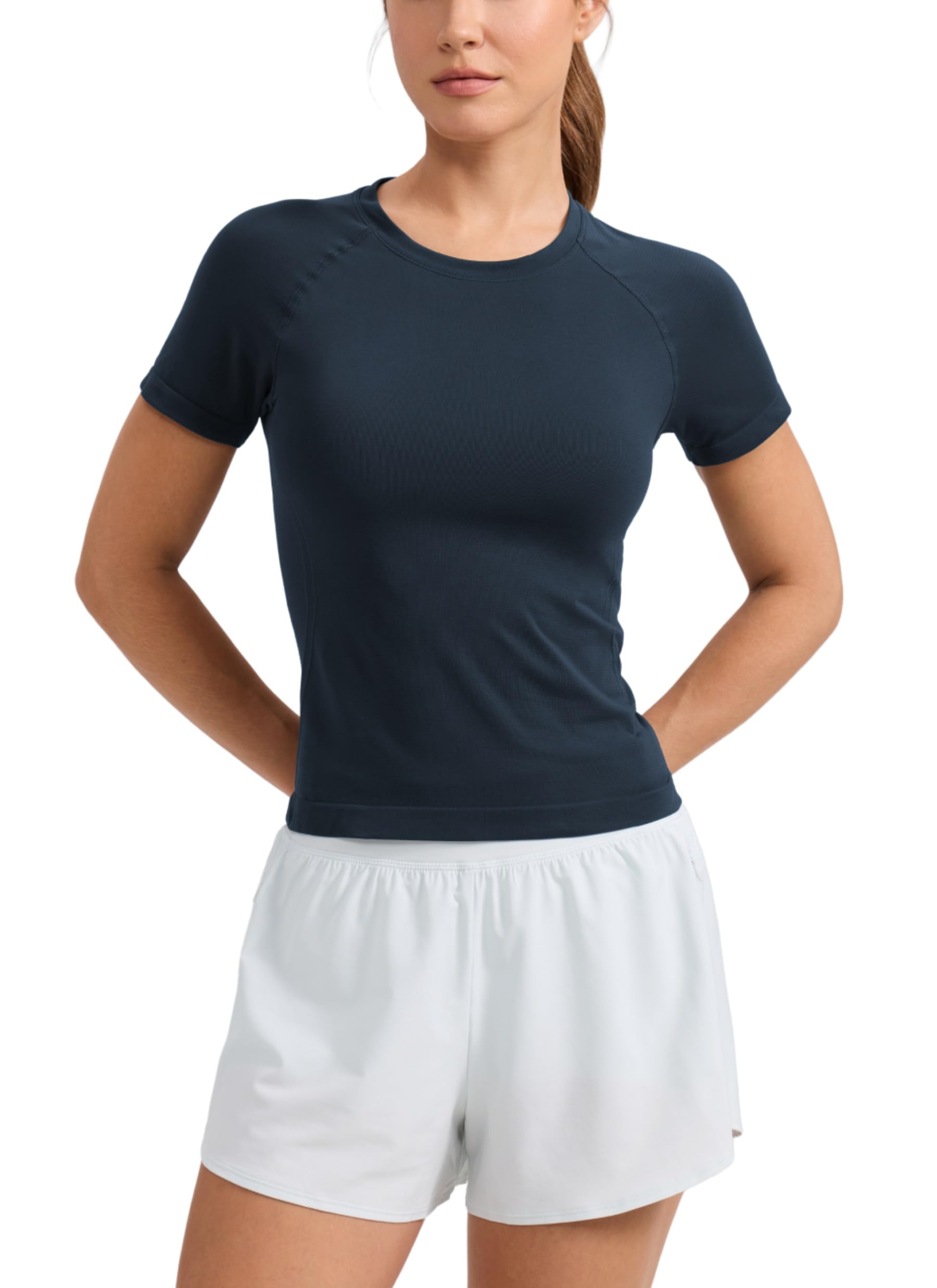 CRZ YOGA smooth T-Shirt Waist Length | Training, Chafe-Free, Slim Fit, Raglan Sleeves, Mesh Vents, Workout, Short Sleeve Tops for Women
