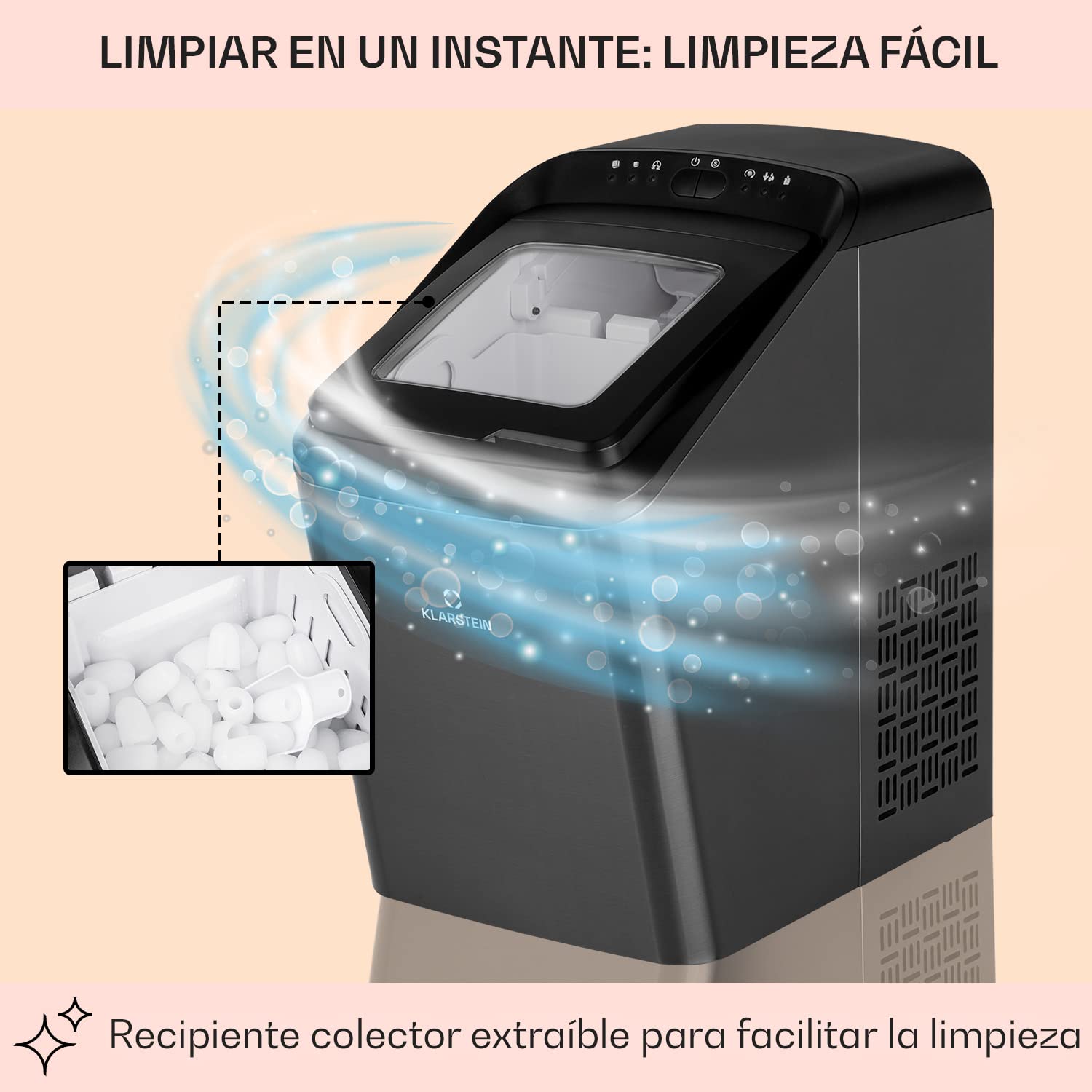 Klarstein Partytime - Máquina de cubitos de hielos, Potencia 145 W, Tanque de agua 2,9 L, Volumen producción 15 kg/24h, 9 cubitos por ciclo, 2 tamaños, Función autolimpieza, Acero, Negro