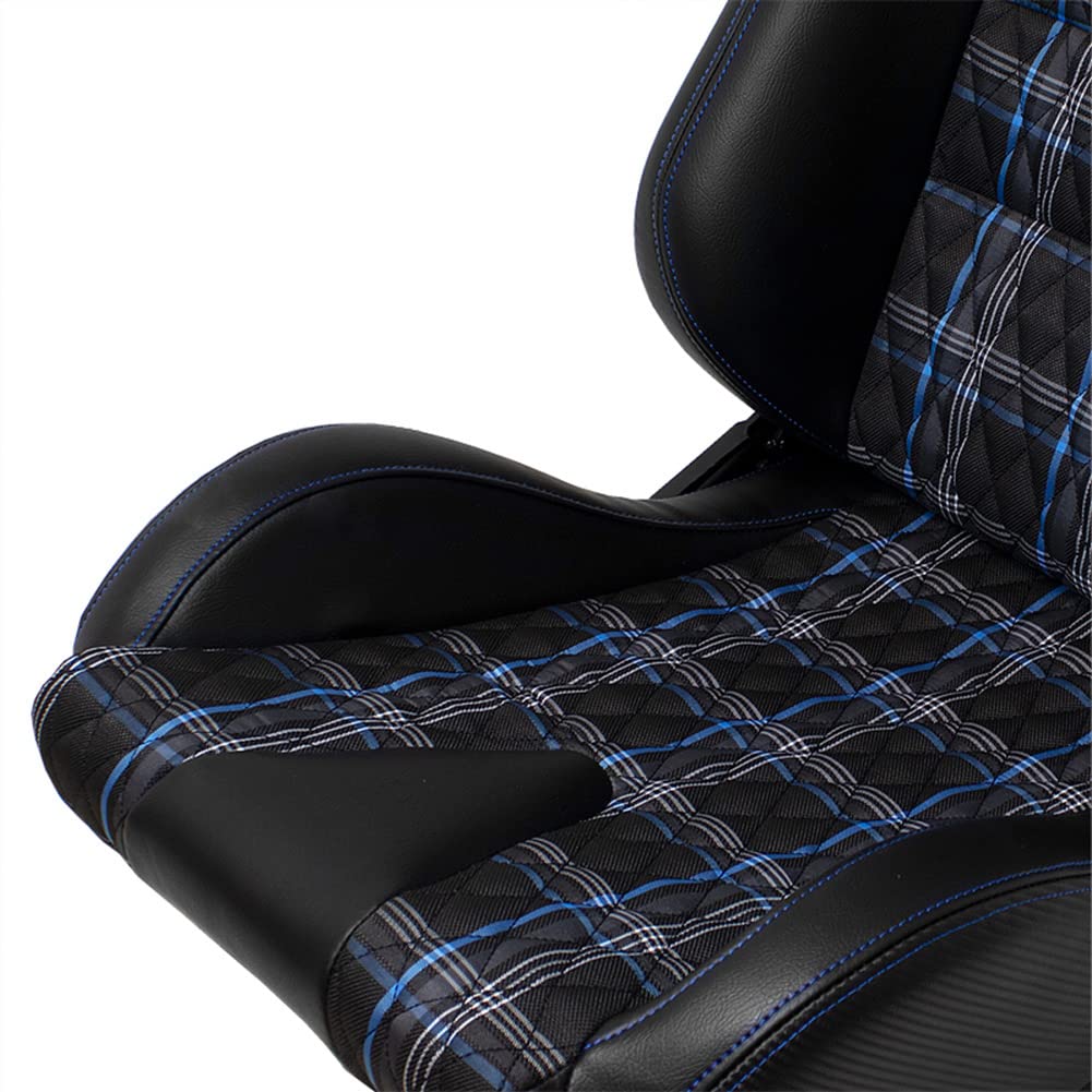 AutoStyle Siège baquet 'GT' - Simili Cuir Noir + Tissu en motif à carreaux Bleu + Surpiqûres Bleu - Dossier réglable - incl. glissières