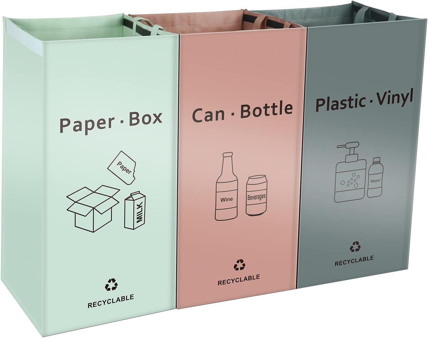 JIALAI HOME Separate Recycling Bin for Kitchen Home - Indoor Recycle Bins (Pink, Green, Gray) Waste Trash Sorting Bins, Reusable Waterproof Affordable Recycle Bags, Pack of 3 Bags