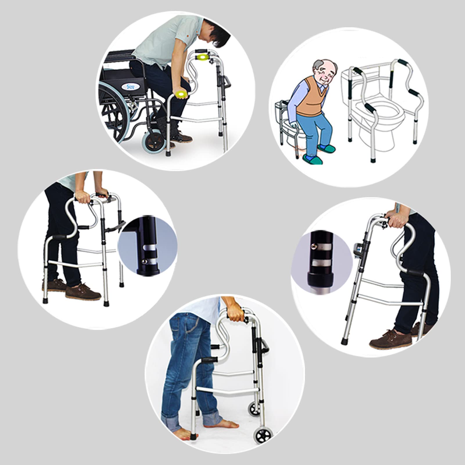 Andador para Ancianos con 2 Ruedas e Inodoro Andador Plegable Aleación de Aluminio Liviano Altura Ajustable Se Puede Usar en Interiores y Exteriores