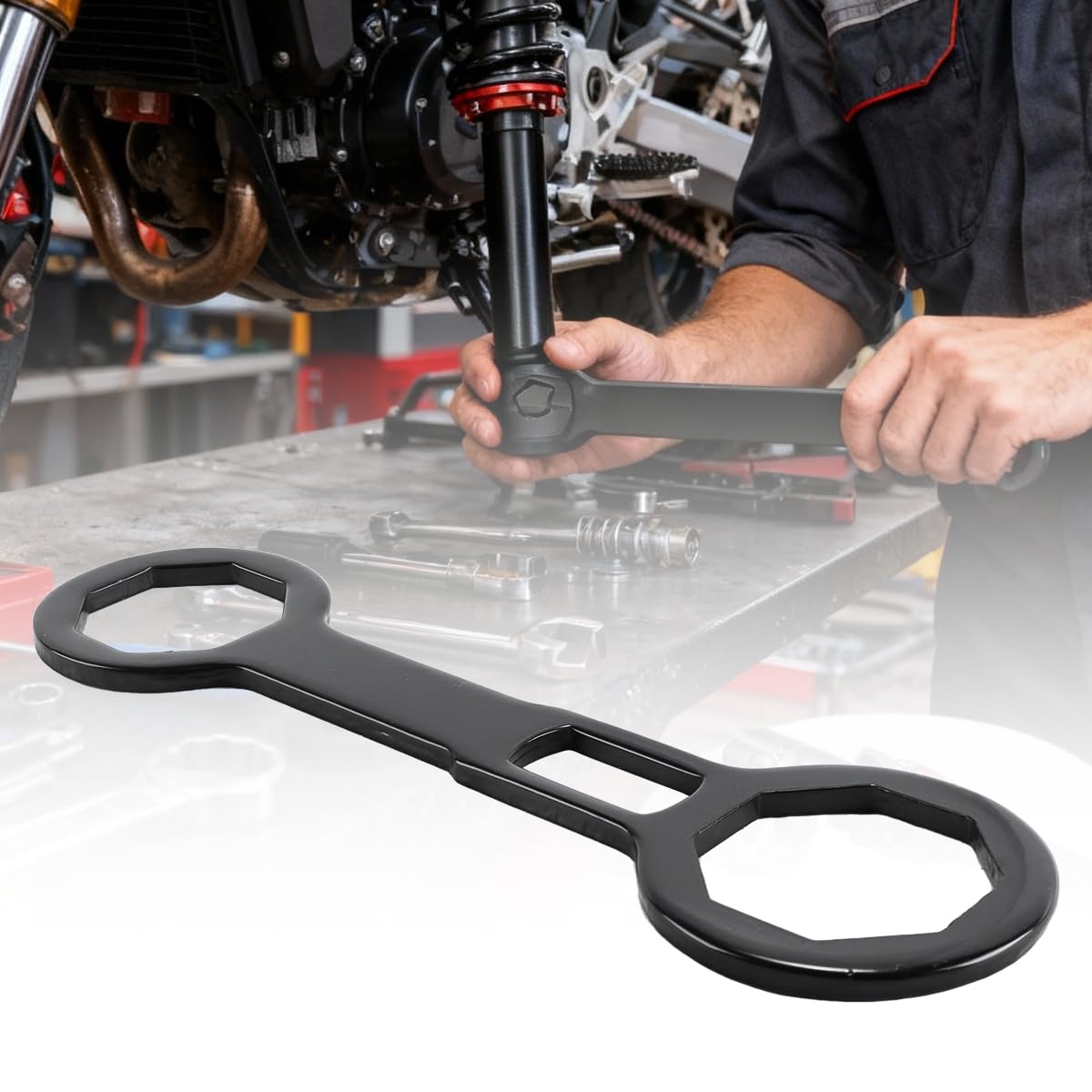 Chiave per tappo forcella anteriore per moto da 46 mm/50 mm, chiave in alluminio lavorata a CNC per tappo forcella anteriore, chiave a doppia testa a 8 punte