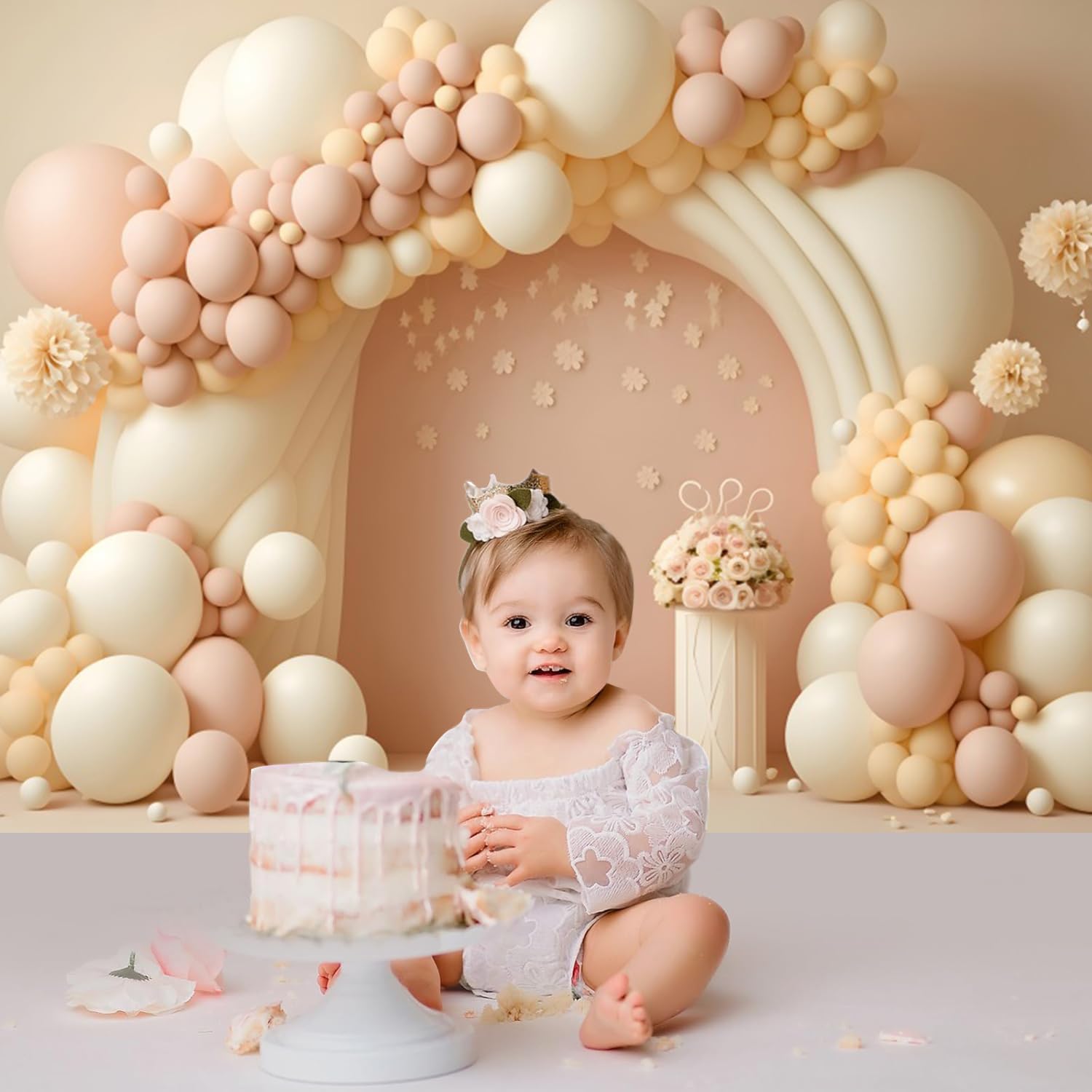 Boho Sfondo Compleanno 3.6x2.5m, Palloncino Rosa Beige Arcobaleno Ragazza Tema Compleanno Sfondo Fotografico Bambini 1 Anno Compleanno Baby Shower Festa Decorazione Banner Studio Puntelli