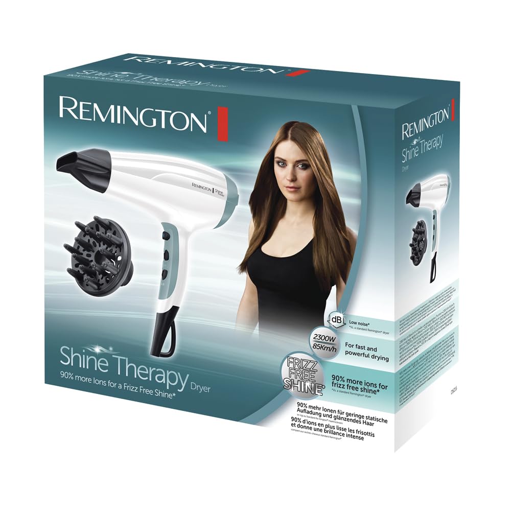 Remington suszarka do włosów z jonizacją, 3 ust. nagrzewania i 2 ust. nawiewu, koncentrator i dyfuzor, zimny nawiew, uchwyt do zawieszenia, łatwa do czyszczenia, moc 2300W, biała, Shine Therapy D5216