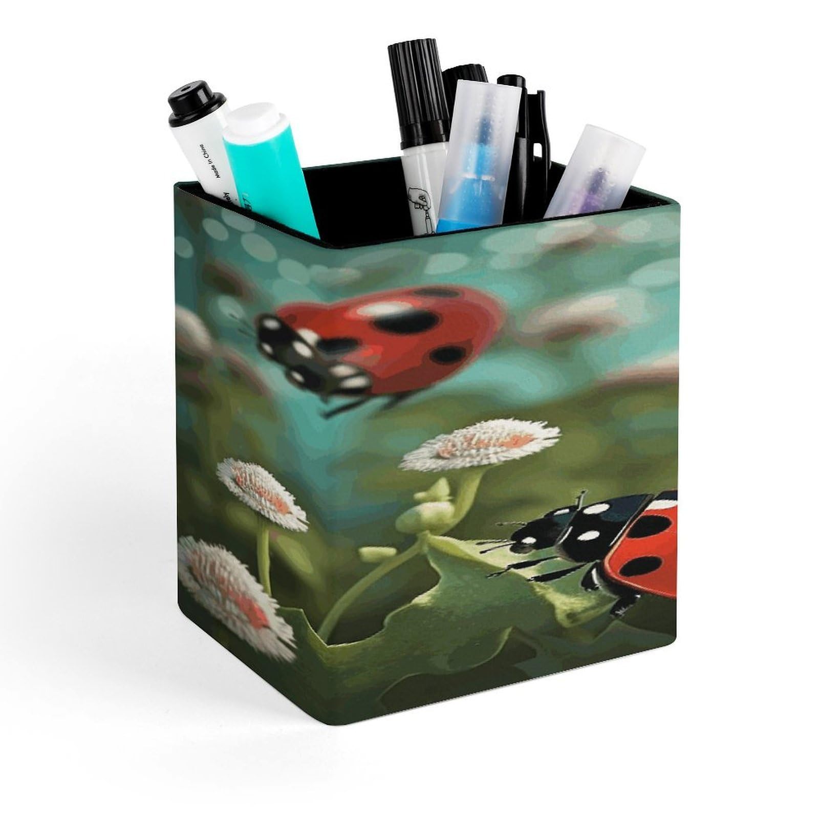 JTREHY Ladybug Landscape Pen Holder Square Pen Pencil Holder Makeup Brush Holders Cup PU Leather Pencil Cups Desktop Caddy Stationery Organizer Case Office Accessories Container Box