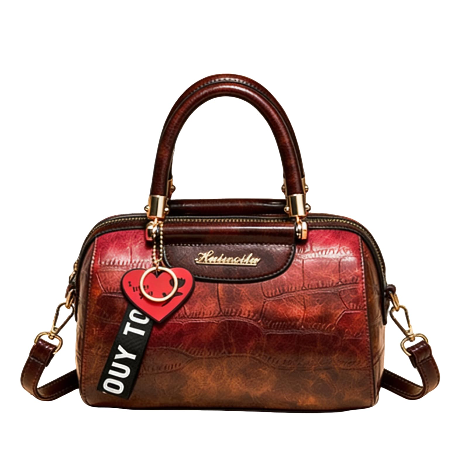Moda Bolso Boston para Mujer Bolsos de Hombro Bandolera con Colgante Corazón PU Cuero Bolso de Mano Bolso Cruzados con Textura Piedra Elegante Tote para Trabajo Compras Citas Viajes Rojo