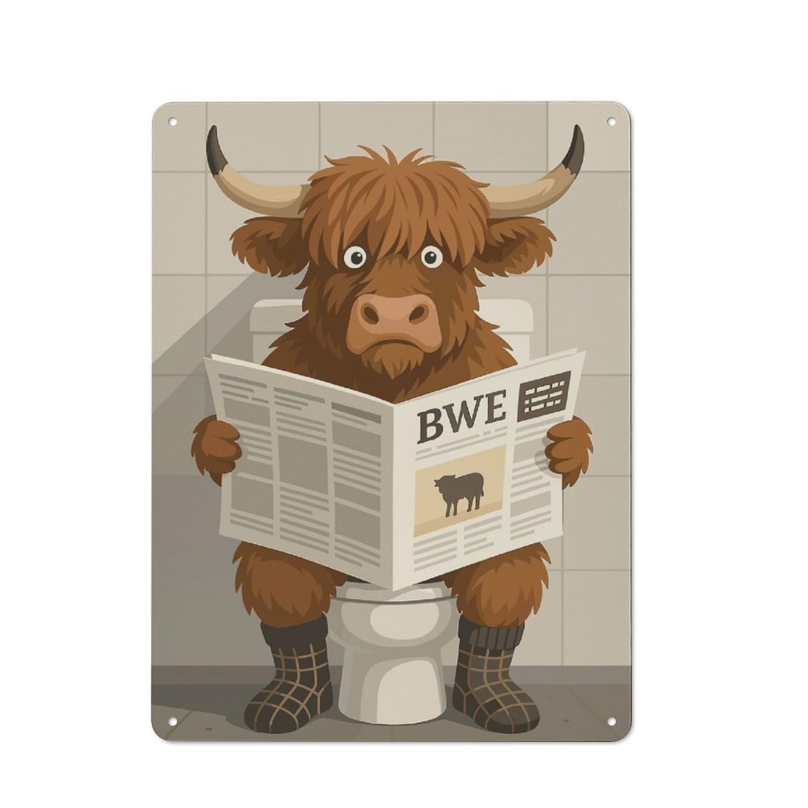 Cartoon Highland Cow Reading Newspaper on Toilet Rustic Tin Sign 40x30cm for Pub Or Café, for Collectors Building A Themed Wall Display