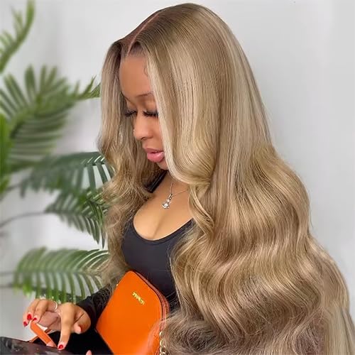 Highlight Ash Blonde Wigs Human Hair 180% Density 13X4 HD Balayage Glueless Wigs Human Hair for Women Gray Highlight Lace Front Wig Human Hair Pre Plucked Body Wave Lace Front Wigs 26 Inch