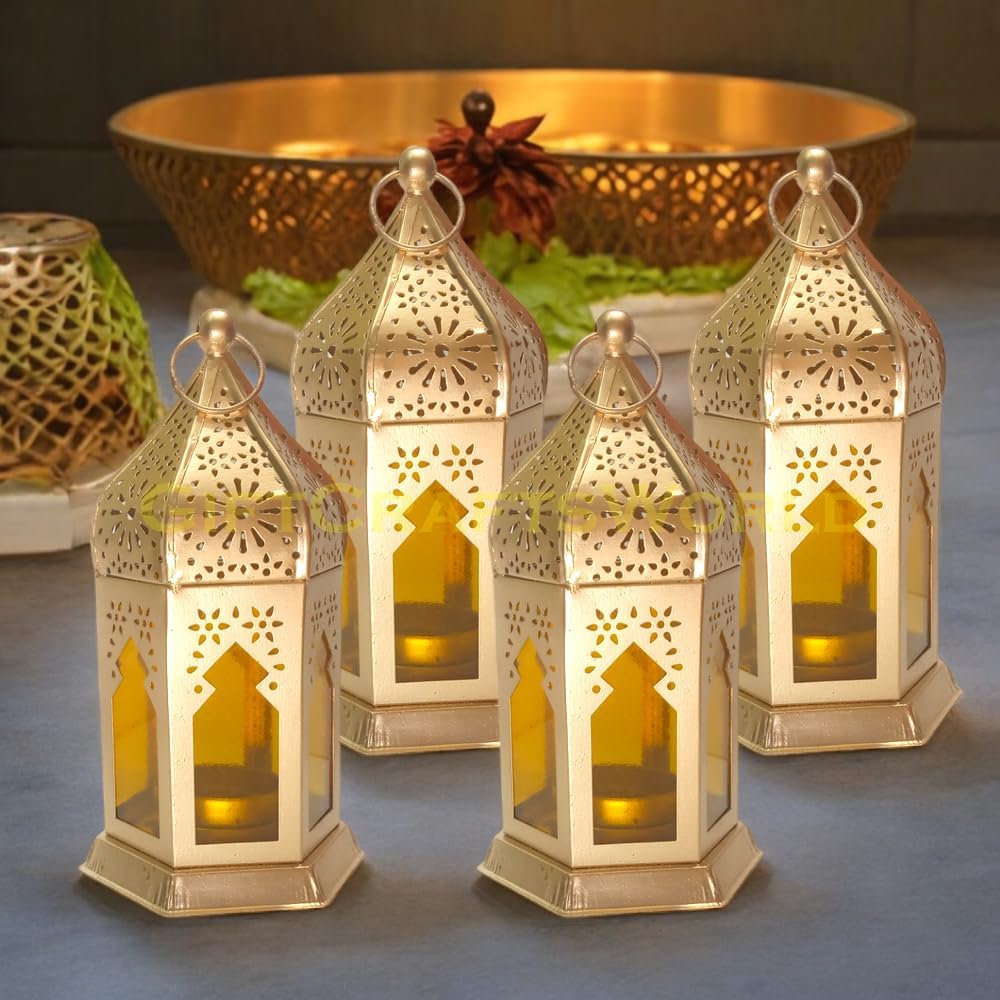 GiftCraftsWorld Elegant Moroccan Lanterns with Lantern Light Lamp and Hanging Lantern Candle Holders for Home Decor Diwali Eid Christmas Festival Gifts (Yellow, Set of 4)