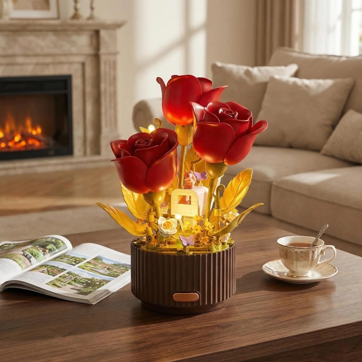 Rosen Blumenstrauß Bausteine Set, Dynamischer Blumenstrauß Baukasten | 255 Teile Blumenstrauß Bausteine mit Fernbedienung, Bonsai Botanical Kollektion Bauklötz für Büro Heimdekoration