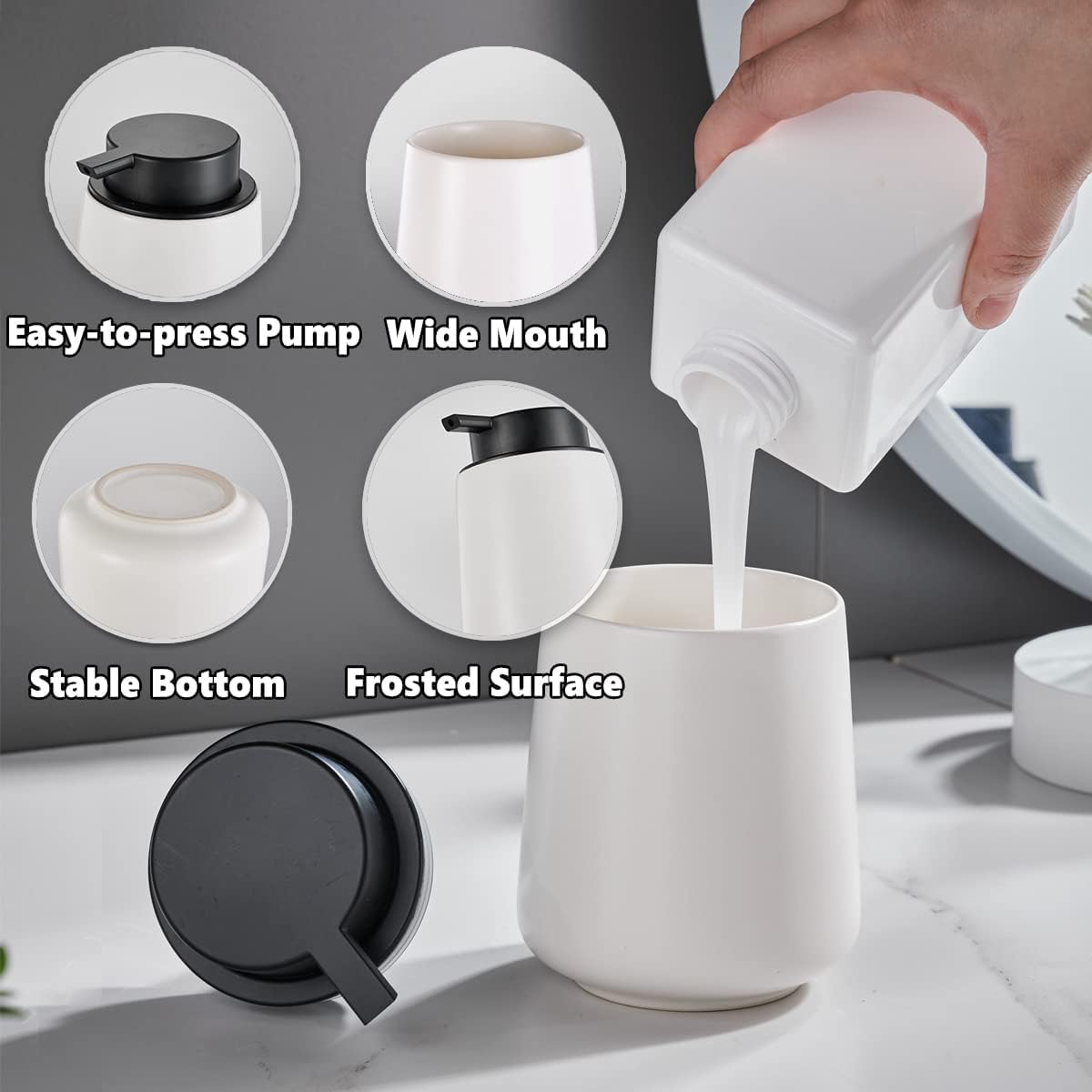 12Oz White Soap Dispenser Set - Ceramic Lotion Hand Soap Dispenser Set with Easy-to-Press Black Pump, Refillable Mordern Liquid Dish Soap Dispensers for Bathroom & Kitchen, 2 Pack - Image 3