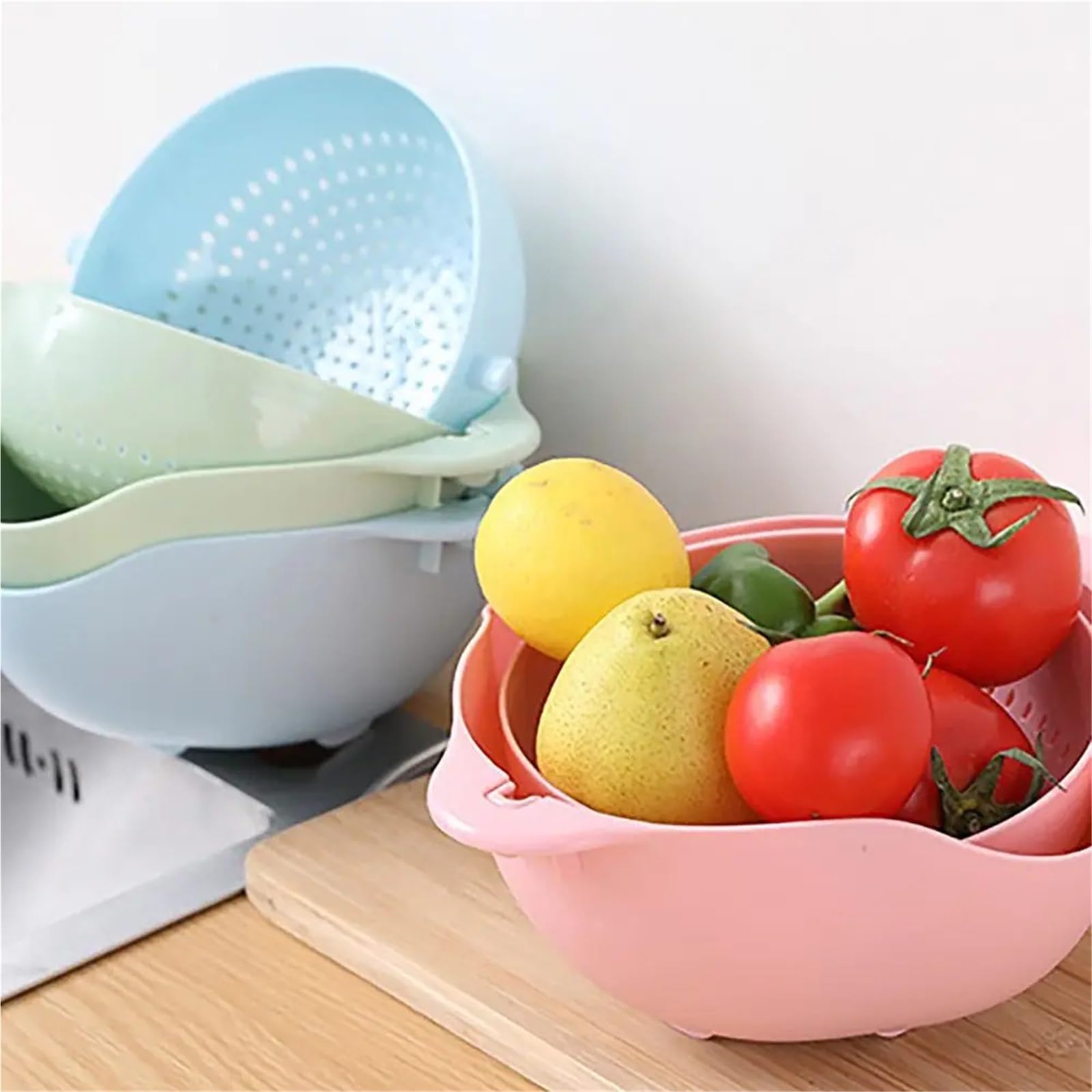 Escurridor de verduras doble capa con asa, utensilios cocina, cuenco for lavar arroz, fregadero, escurridor giratorio, 2 uds para Escurrir(Blue)