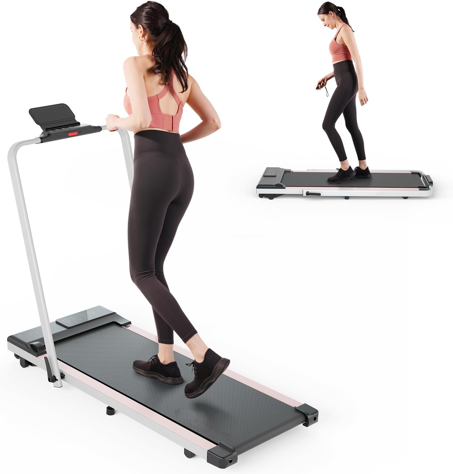 DeerRun 3 in 1 Folding Treadmills for Home, 3.0HP Powerful and Quiet Under Desk Treadmill, 300 lbs Capacity Foldable Walking Pad with Remote Control and Space Saving, Free Installation, Pink
