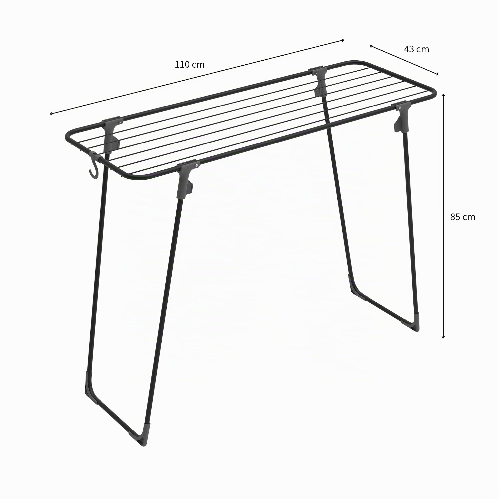 Rörets Tendedero de Ropa Nano - Suelo con Patas Extra Anchas, Mecanismo de Bloqueo, Gancho Almacenamiento y 9 m de Secado - 43 x 110 x 85 cm (Negro)