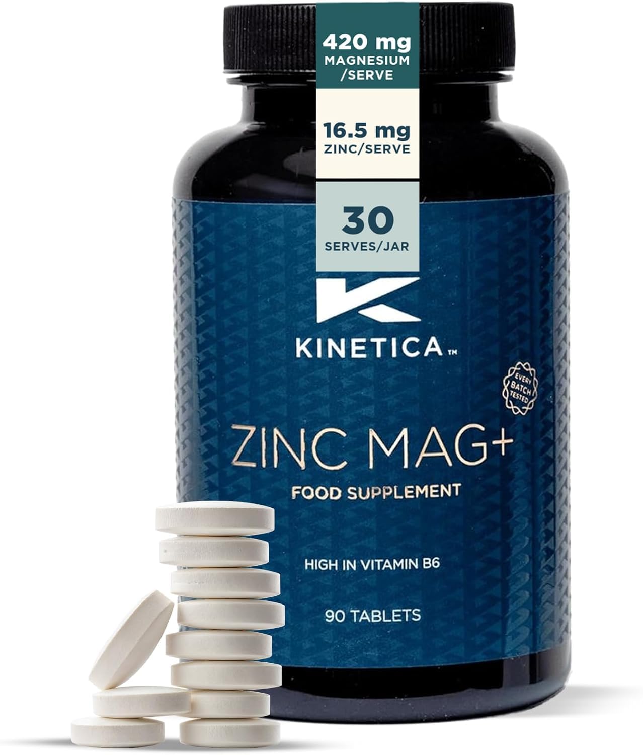 Kinetica Sport Zinc Mag + | 30 Servings, 90 Tablets | 420mg Magnesium, 16.5mg Zinc/Serve | Contains Selenium, Vitamin B6&C | Sleep Aid ZMA Supplement for Men & Women | WADA & Informed Sport Approved