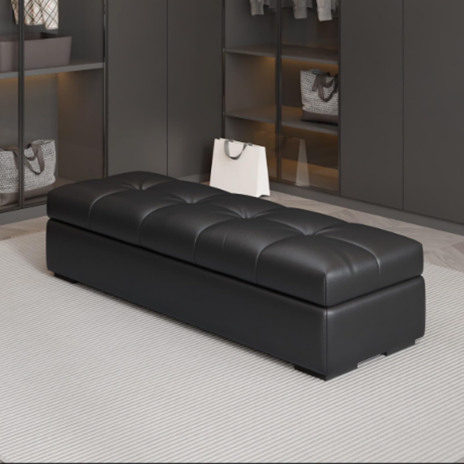 Pouf de rangement 100cm en cuir pour bout de lit et salon