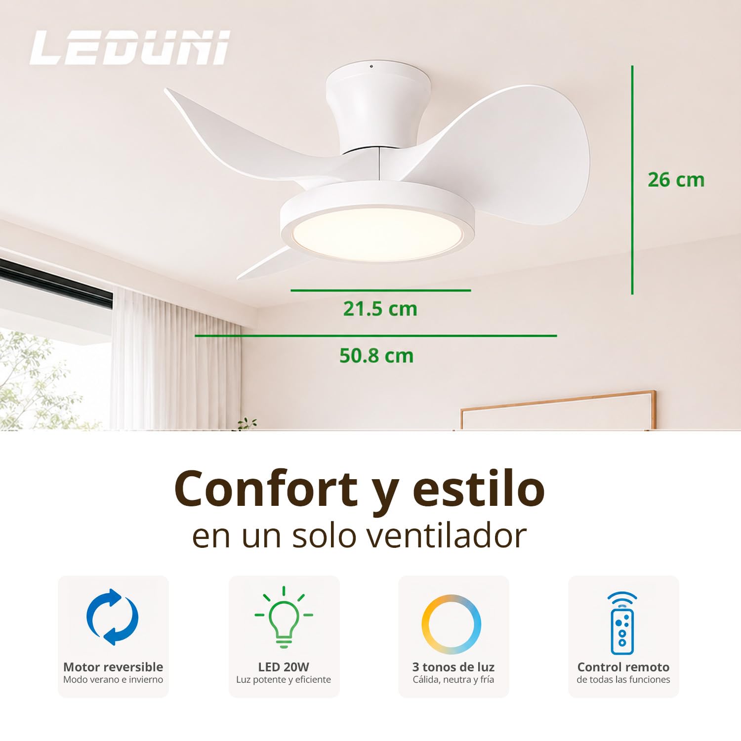 LEDUNI Ventilador de techo con luz LED 20W, motor DC 35W silencioso,ahorro energia y gran volumen de air, mando a distancia para cocina, dormitorio, comedor, patio Modos (Invierno/Verano) (Blanco) | gran volumen de air, silencioso mando a distancia para c