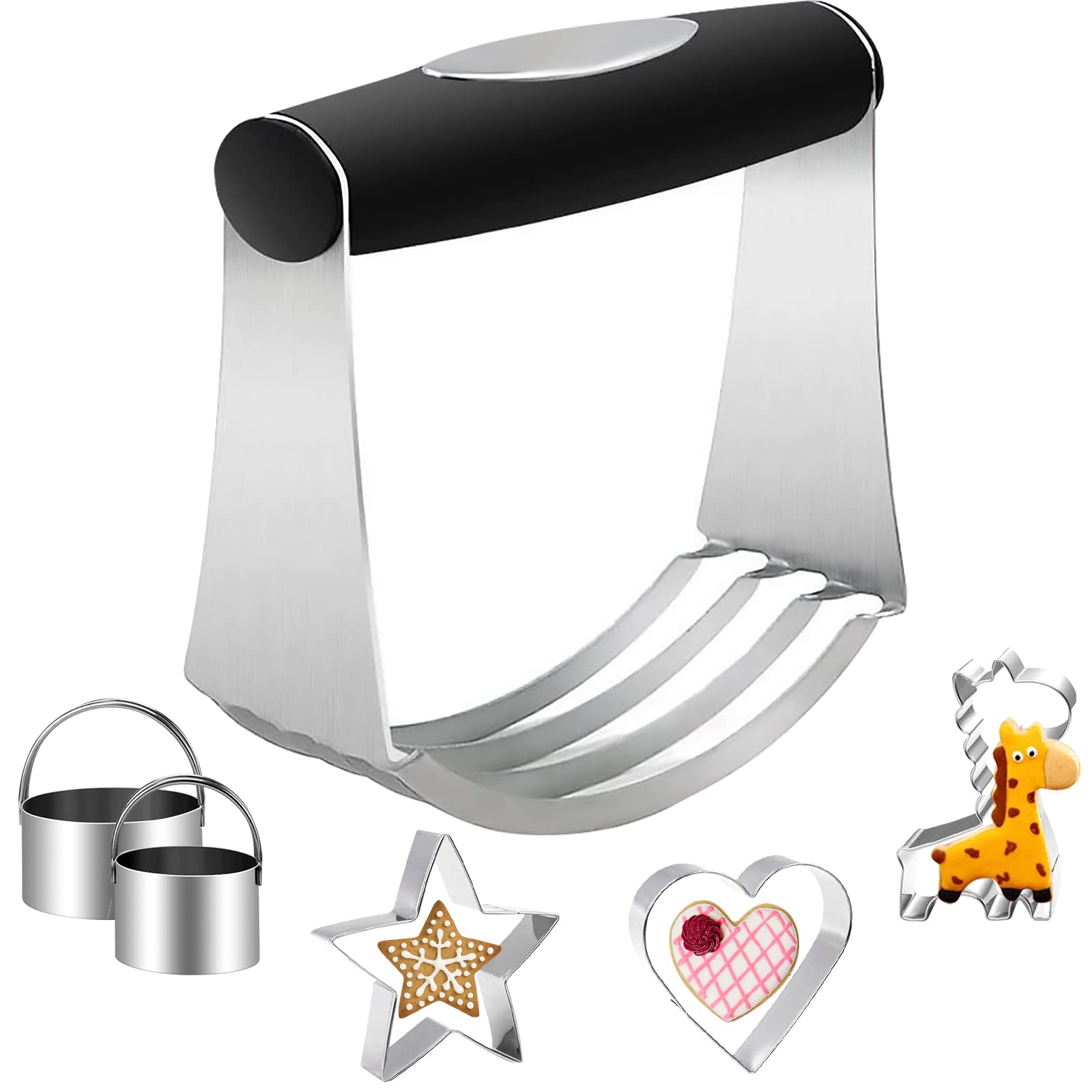 Pastry Cutter with 5pcs Cookie Cutters, Heavy Duty Pastry Blender, Stainless Steel Blades, Pastry Cutter for Baking with 5pcs Cookie Cutters, Useful Baking Tools for Christmas and Parties