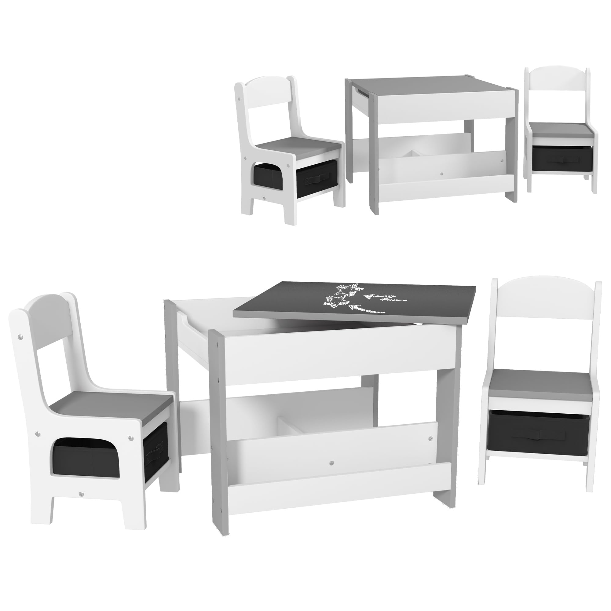Qaba 3 Piece Kids Table and Chair Set, 3 in 1 Toddler Wooden Activity Table with Reversible Tabletop Blackboard, Storage & Bookshelves for Playroom, Nursery, Gray