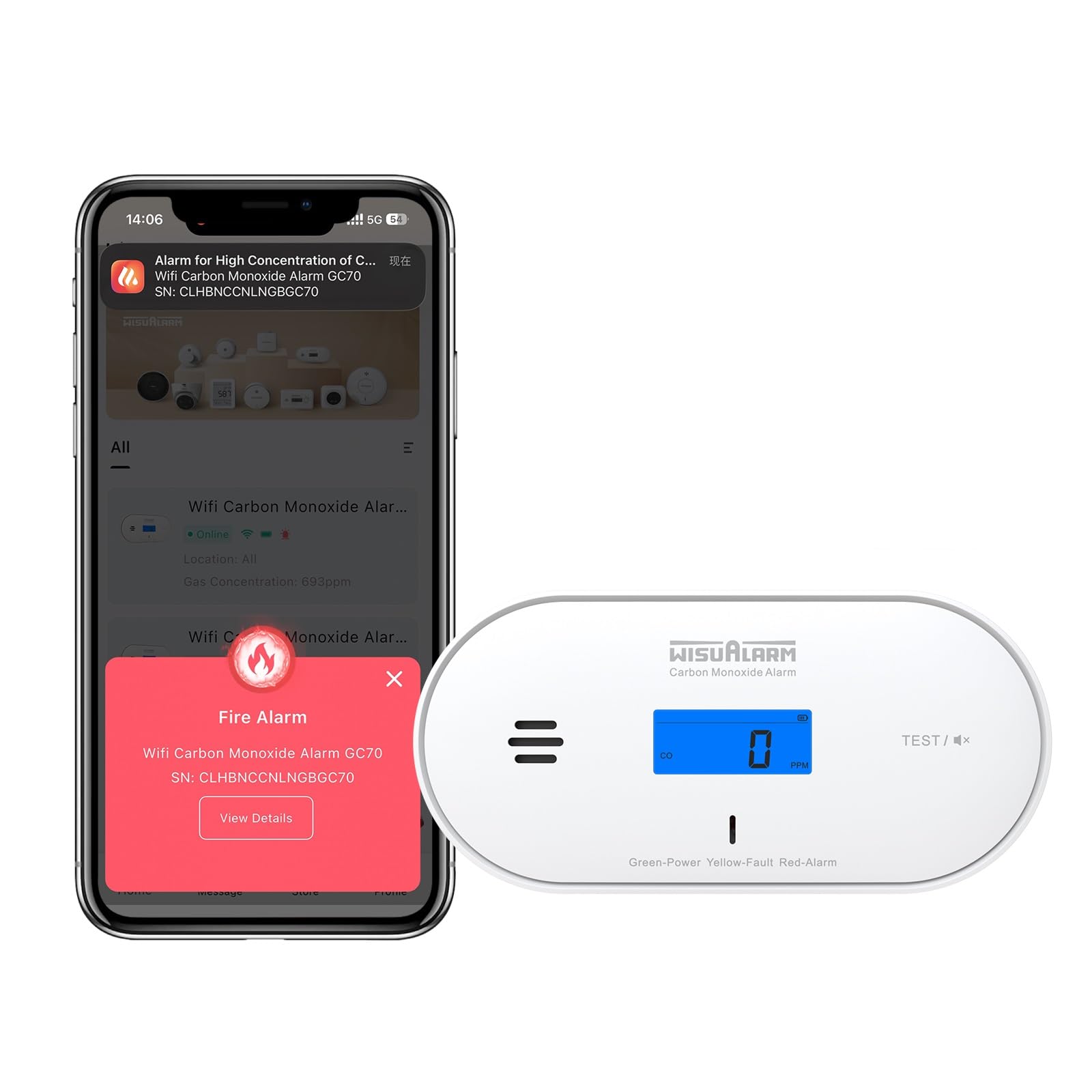 WISUALARM Smart WiFi Carbon Monoxide Detector with App Alerts, EN 50291-1 & EN 50291-2 Certified CO Alarm for Home, Caravan & Motorhome, 3-Year Battery Operated, Temperature & Humidity LCD Display