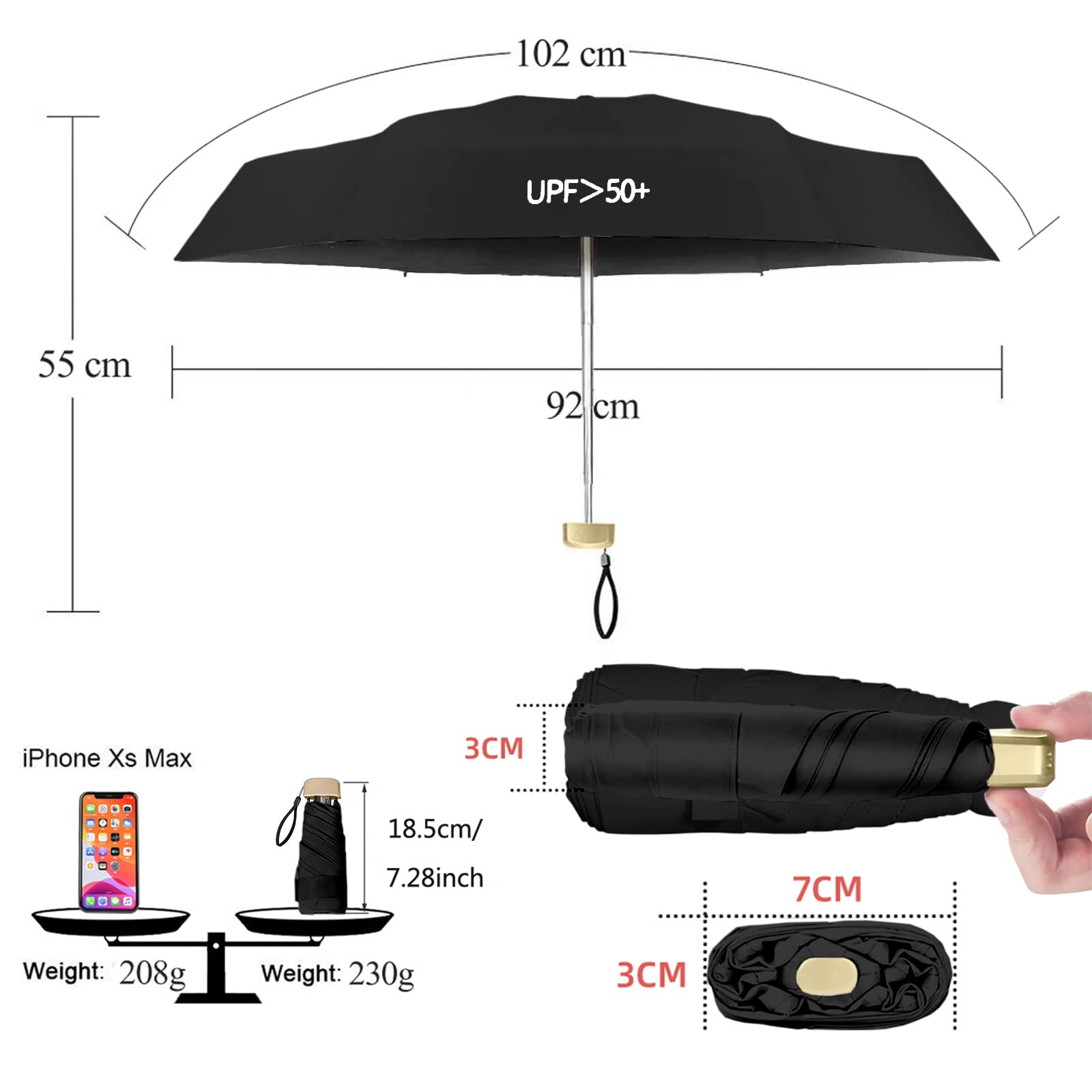 ZOCONE Mini Ombrello da Viaggio, Mini Ombrello Ultraleggero Portatile Compatto Ombrello Pieghevole Ombrello da Viaggio, 99% UV Resistenza & 100% Impermeabile