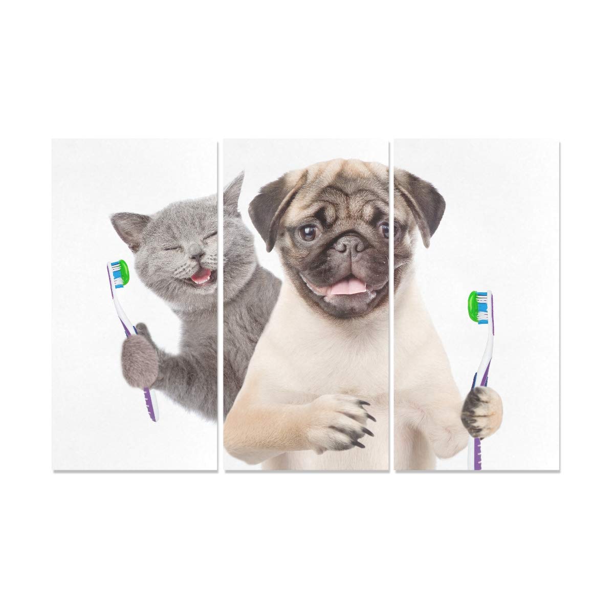 YUMOING3 Panel Canvas Wall Art Happy Kitten Pug Puppy Holding Toothbrushes Wall Art Canvas Prints Wall Decor for Home Living Room Bedroom Bathroom Wall Decor Posters 15"x30"/Piece