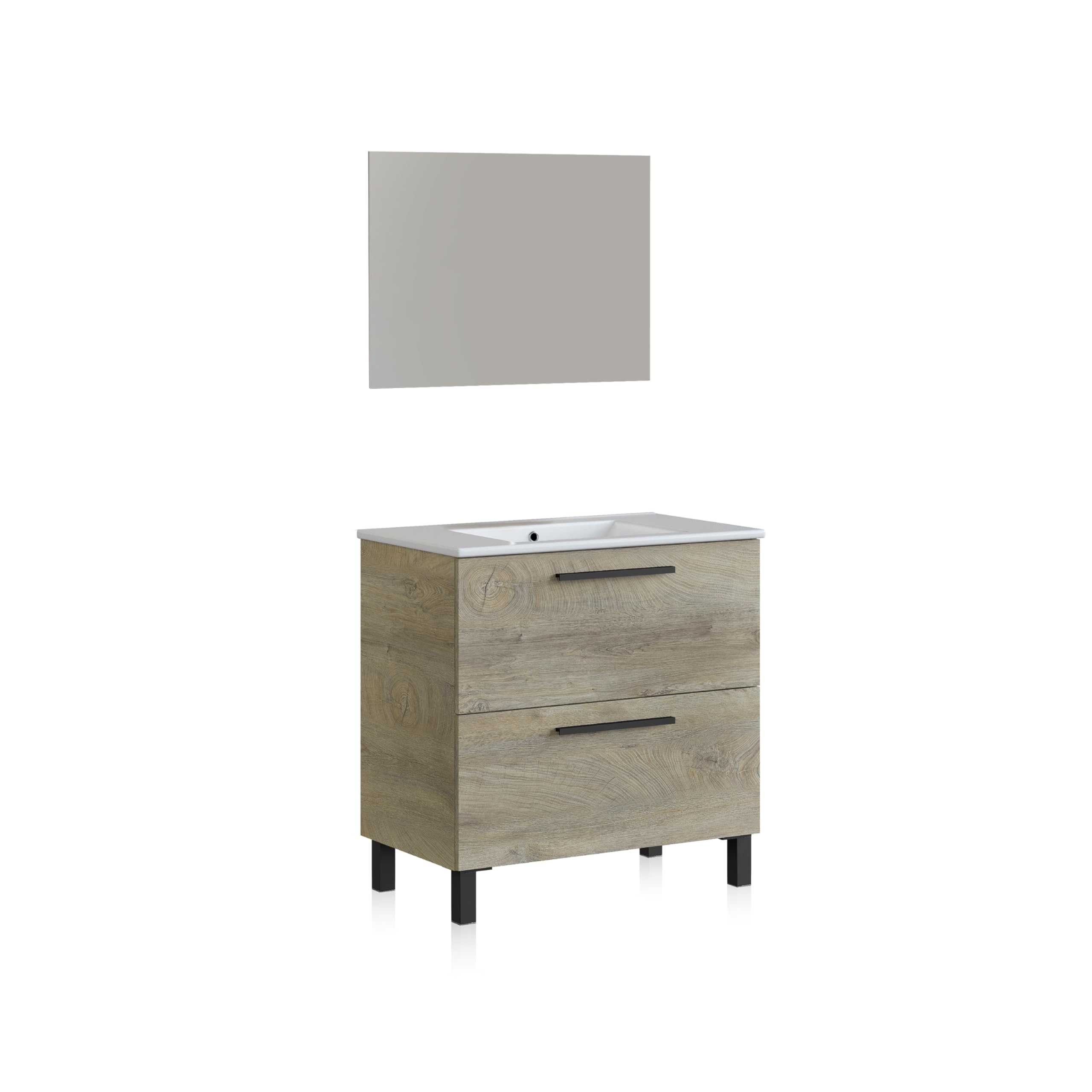 duehome | Mueble de Baño con 2 Cajones y Espejo, Modulo Lavabo, Modelo Sense, Acabado en Roble Alaska, Medidas: 80 cm (Ancho) x 80 cm (Alto) x 45 cm (Fondo)