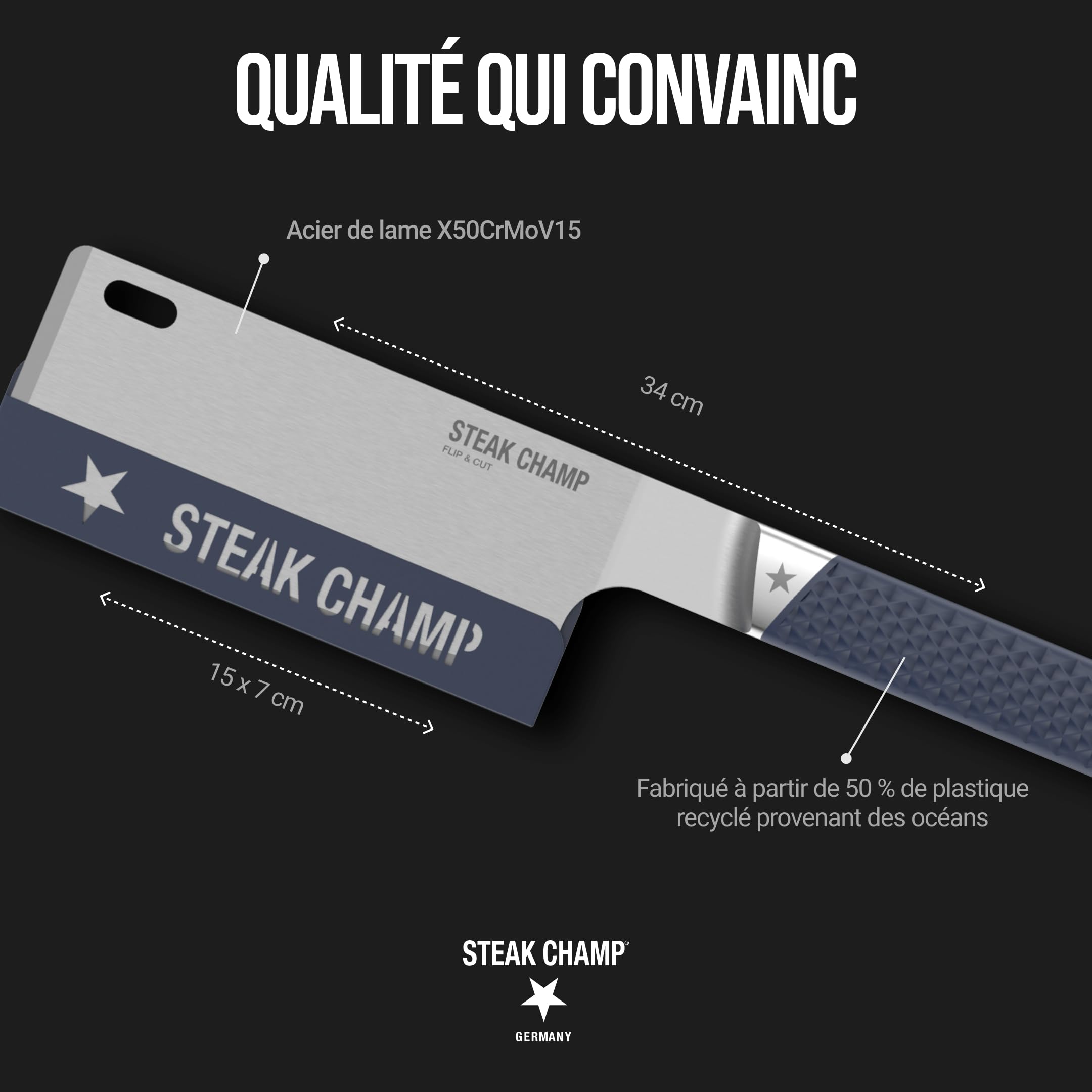 Steakchamp Spatule Flip & Cut : Spatule pour plancha, barbecue et poêle, avec tranchant de couteau de haute qualité et poignée antidérapante