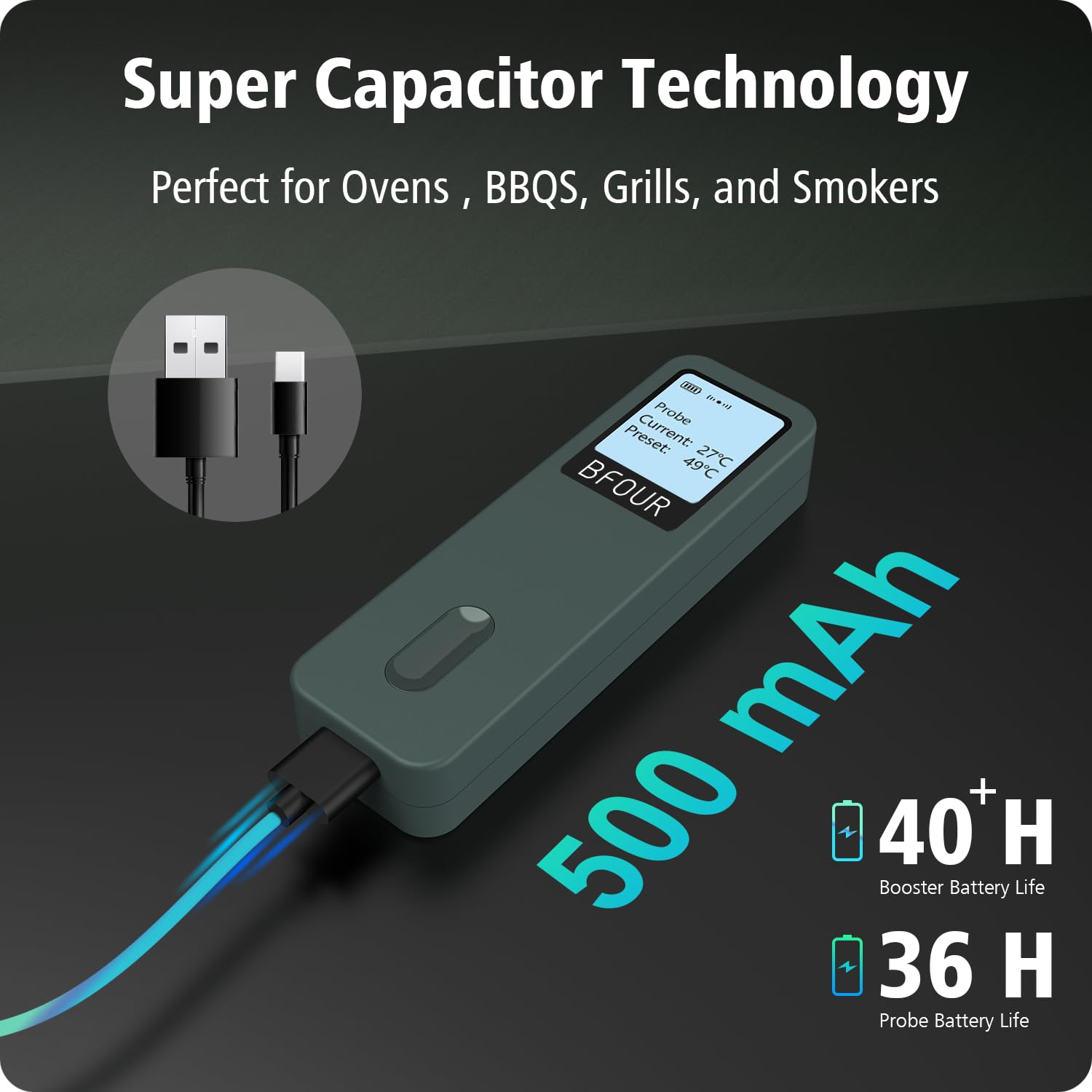 BFOUR Termómetro de carne inalámbrico para barbacoa Bluetooth con aplicación, IP67 resistente al agua, termómetro de cocina con pantalla grande