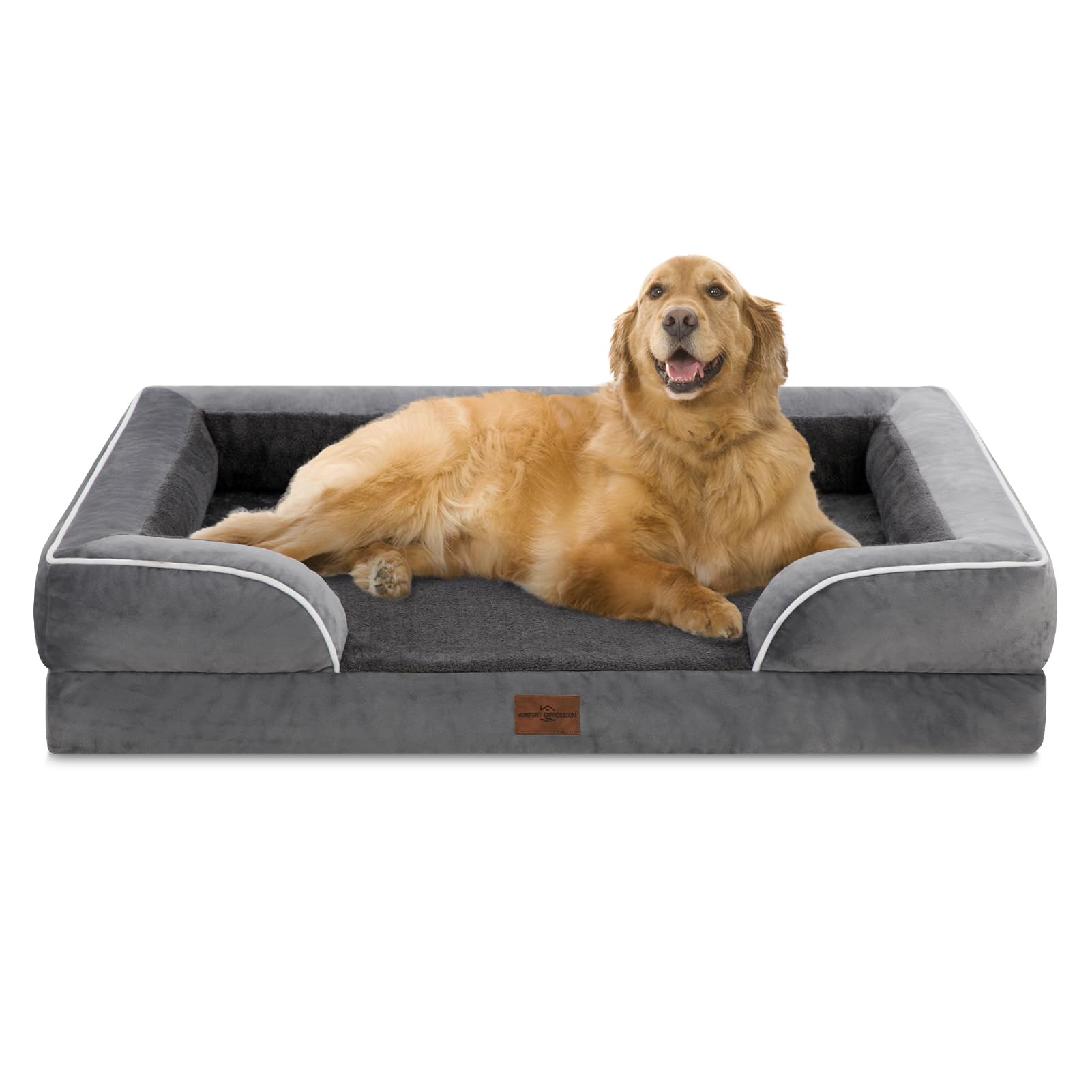 XL Dog Bed with Bolster, Waterproof Orthopedic Foam Dog Beds for Extra Large Dogs, Washable Dog Bed Sofa Pet Bed with Removable Cover & Non-Slip Bottom(X-large,Dark Grey)
