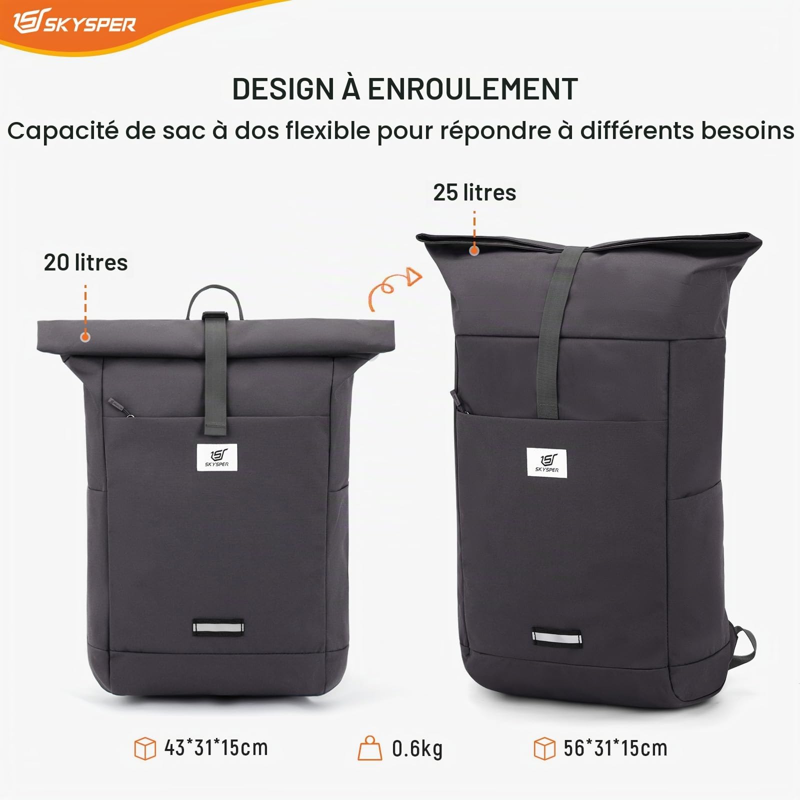 SKYSPER Sac à Dos Homme Extensible Sacs a dos Rolltop pour Voyage Vélo Travail College pour Adolescents Hommes Femmes