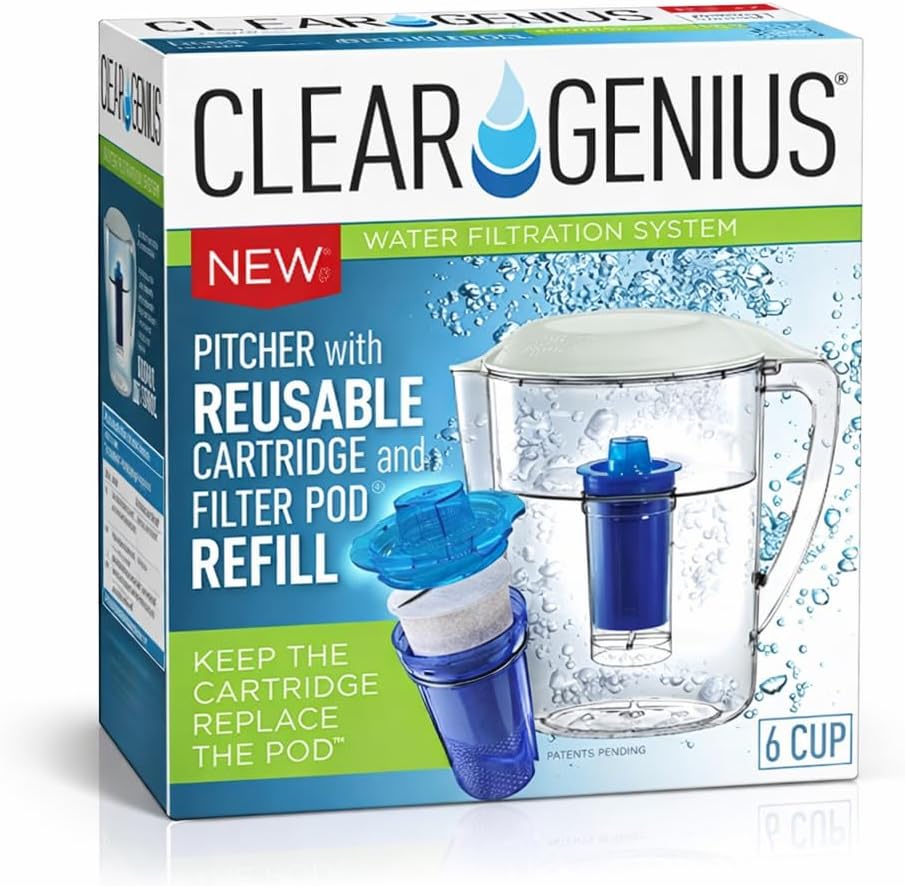 Water Pitcher Filtration System FWP-1 | Reusable Filter Cartridge with Filter Pod Refill | 6-Cup Capacity | Reduces Chlorine, Metals & Contaminants | Eco-Friendly Water Filtration