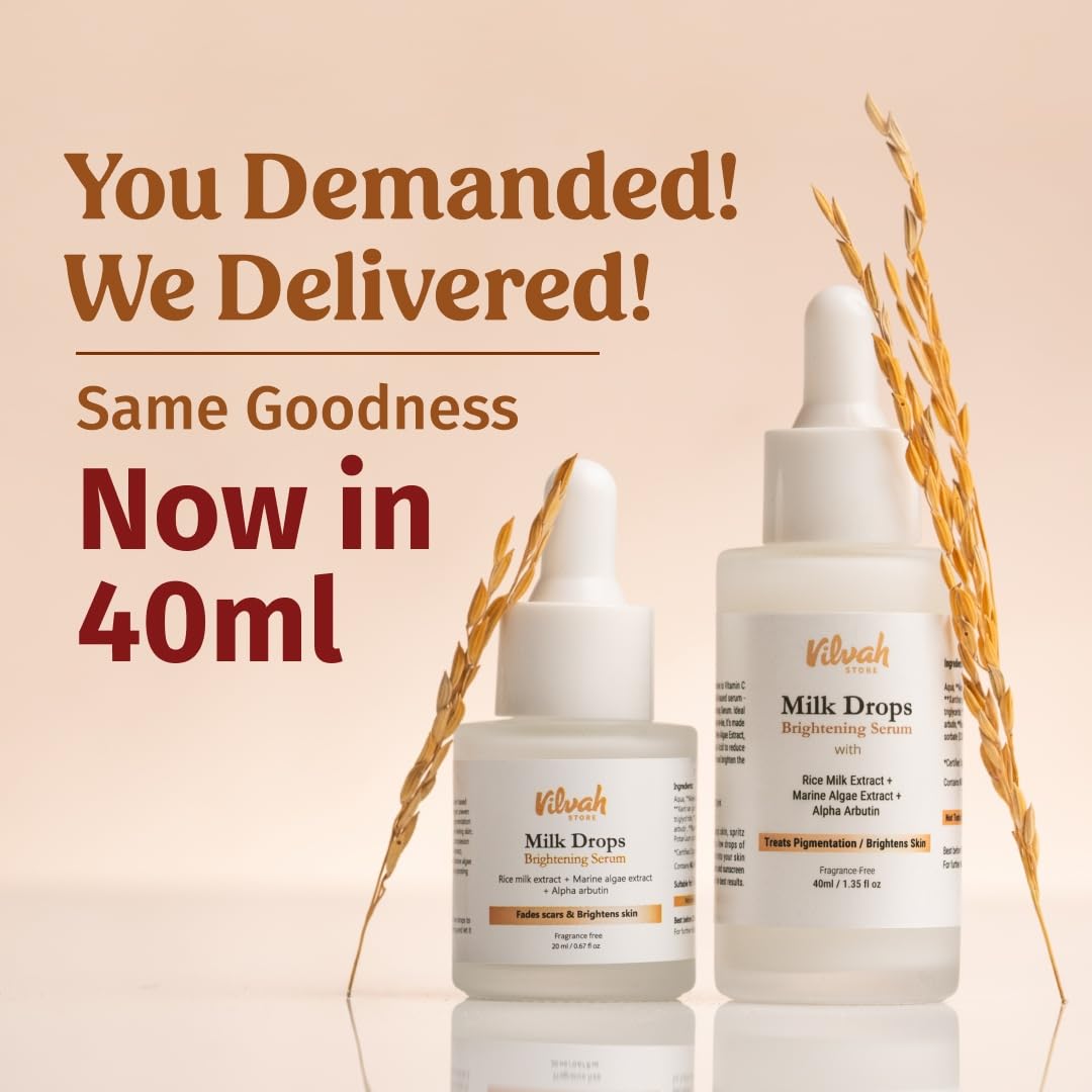 Vilvah Store Milk Drops Brightening Serum Formulated With Rice Milk Extract, Marine Algae Extract, Alpha Arbutin, Fades Scars, Brightens Skin & Even Skin Tone For All Skin Type, 40ml - Image 2 thumbnail