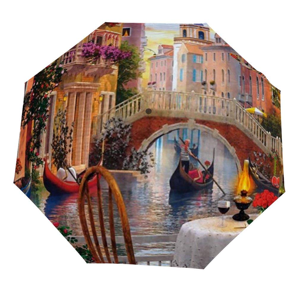 Travel Umbrella - Other Venice Al Fresca Art Landscape Artwork Wide Screen Cafe Painting Water Italy Scenery Windproof, Ergonomic Handle, Auto Open/Close Foldable Umbrella