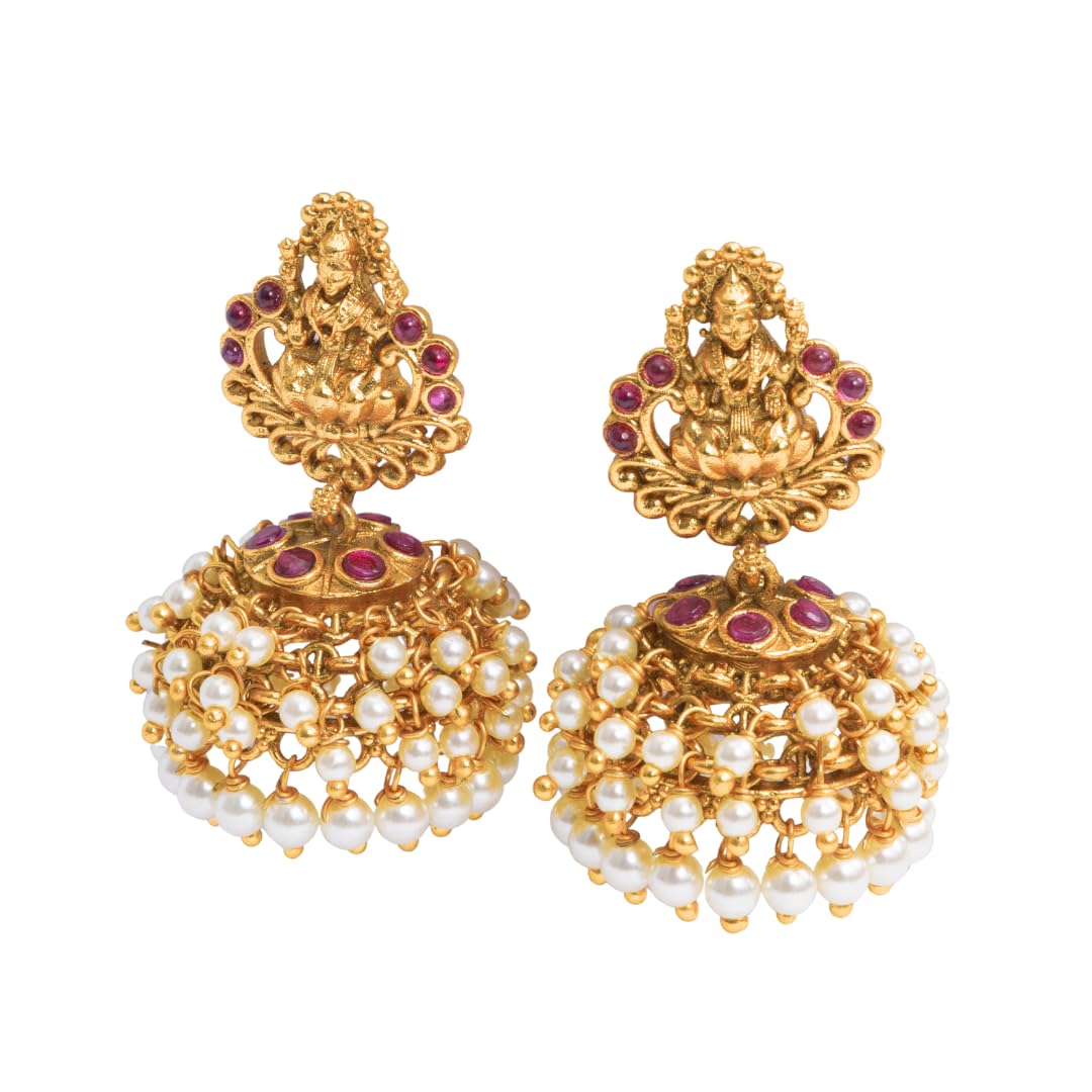 South Temple Jewellery Traditional Gold Plated Jhumka Earrings for Women, Ethnic Stone Studded Jhumki, Red and Pearl Combination, Indian Temple Jewelry, Trendy Earrings for Traditional Occasions (B0D8BMRZZP) Amazon Price History, Amazon Price Tracker