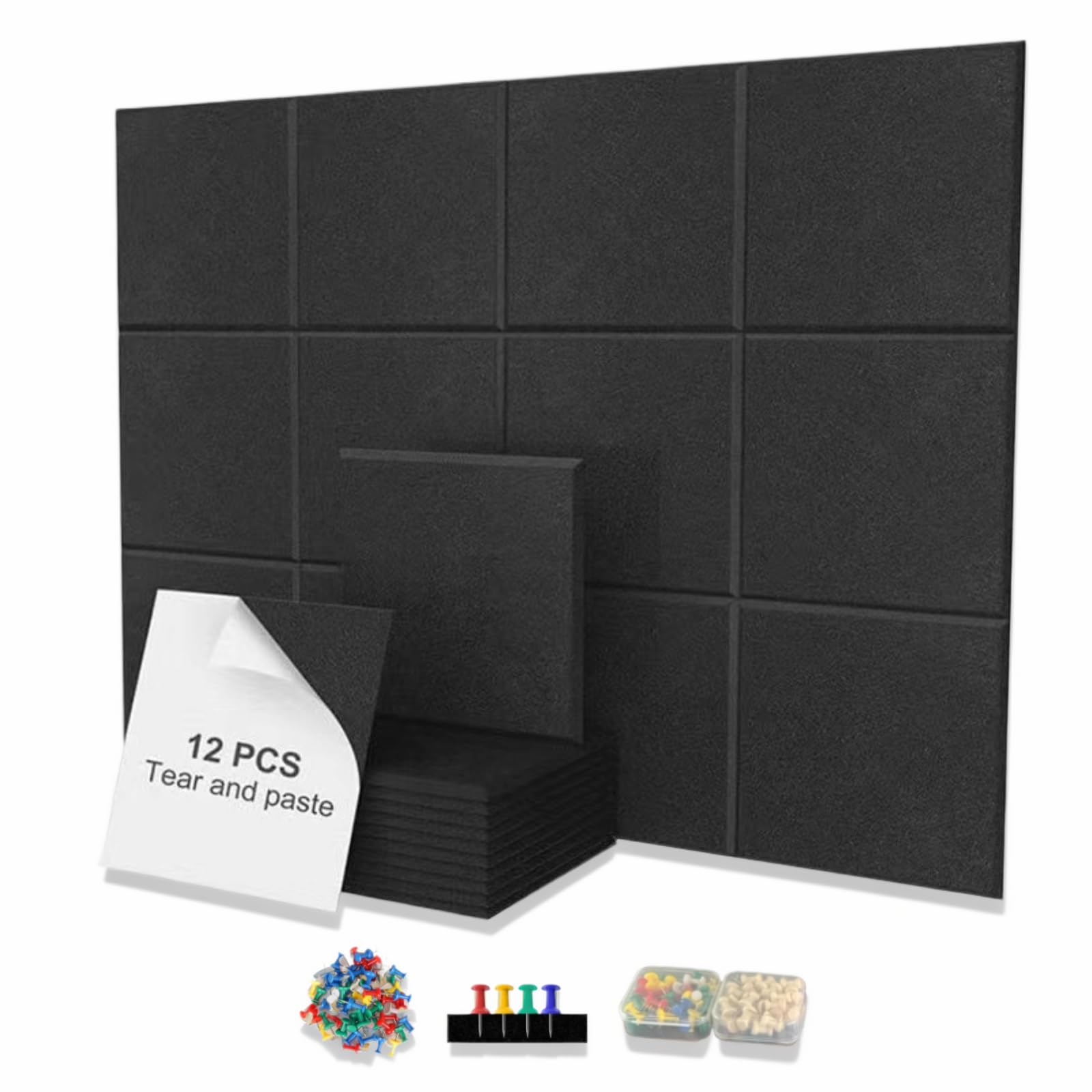 Bacheca autoadesiva in feltro, set da 12 pezzi, 30 x 30 cm, decorazione per ufficio, adatta per pareti, adatta per uffici, case, scuole (nero)