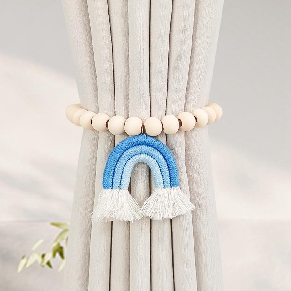 Vawolecy Magnetic Curtain Tiebacks Holders with Wood Bead & Rainbow Tassel Pendant - Boho Home Decor, 2 Pack (Tricolor Bohemian Style)