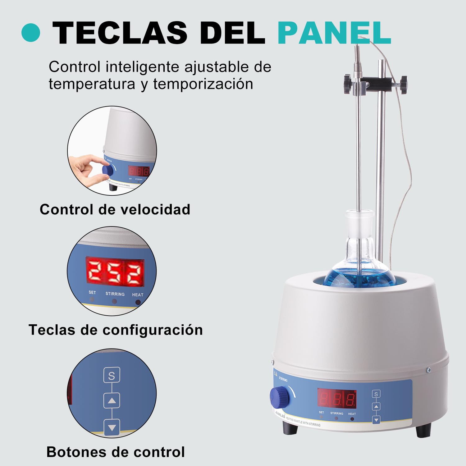 JOANLAB Manto Calefactor Magnético 1000ml, Agitador Magnético Termostático para Laboratorio 350W, con Pantalla Digital, Sonda de Temperatura y Temporizador
