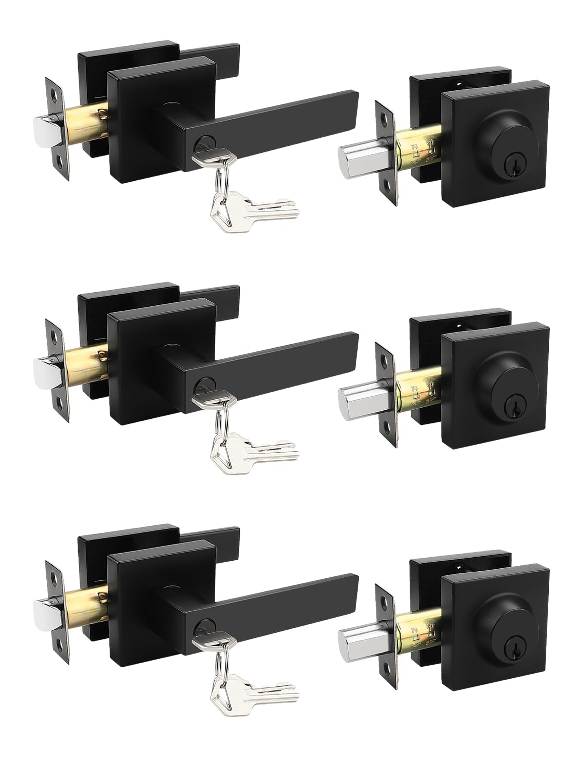 Tinewa 3 Pack Square Keyed Alike Front/Exterior Door Levers with Single Cylinder Deadbolt, Flat Black Entry Door Knob Lock Set with Deadbolt Combination Sets, for Entrance/Front and Office Doors