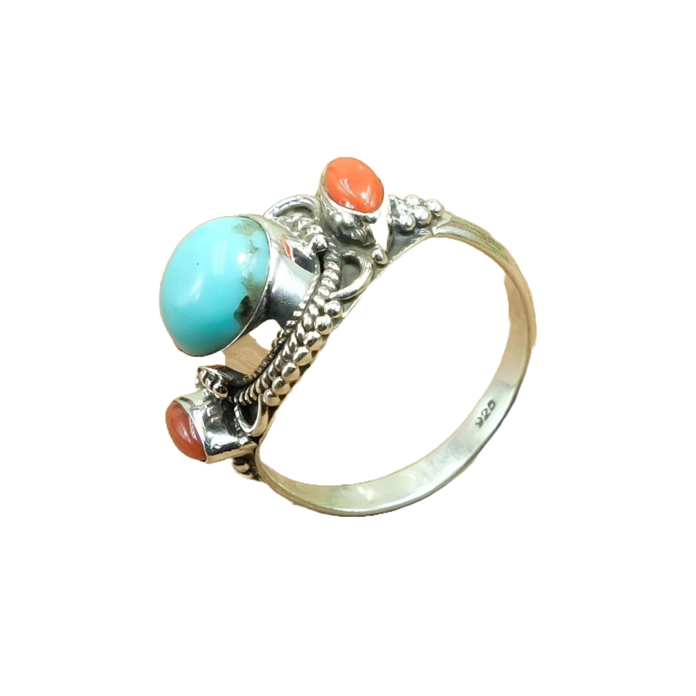 Natural Arizona Turquoise and Red Coral Gemstone 925 Sterling Silver Blue Stone Handmade Statement Design Ring Jewelry Gift for Her
