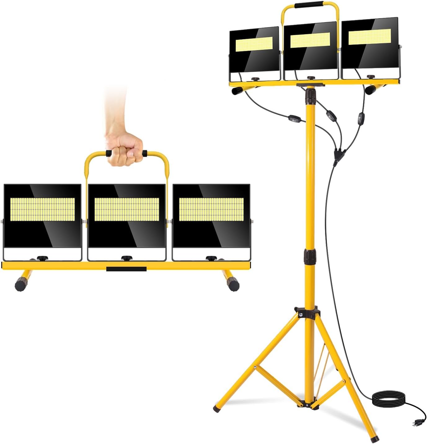 54000 Lumen Work Lights with Stand Led Triod Light 3 Adjustable Head with 16FT Cord - IP67 Waterproof LED Work Lights with Stand for Outdoor Indoor Job Site Workshop Garage Construction Site Lighting 54000LM with stand+Handle