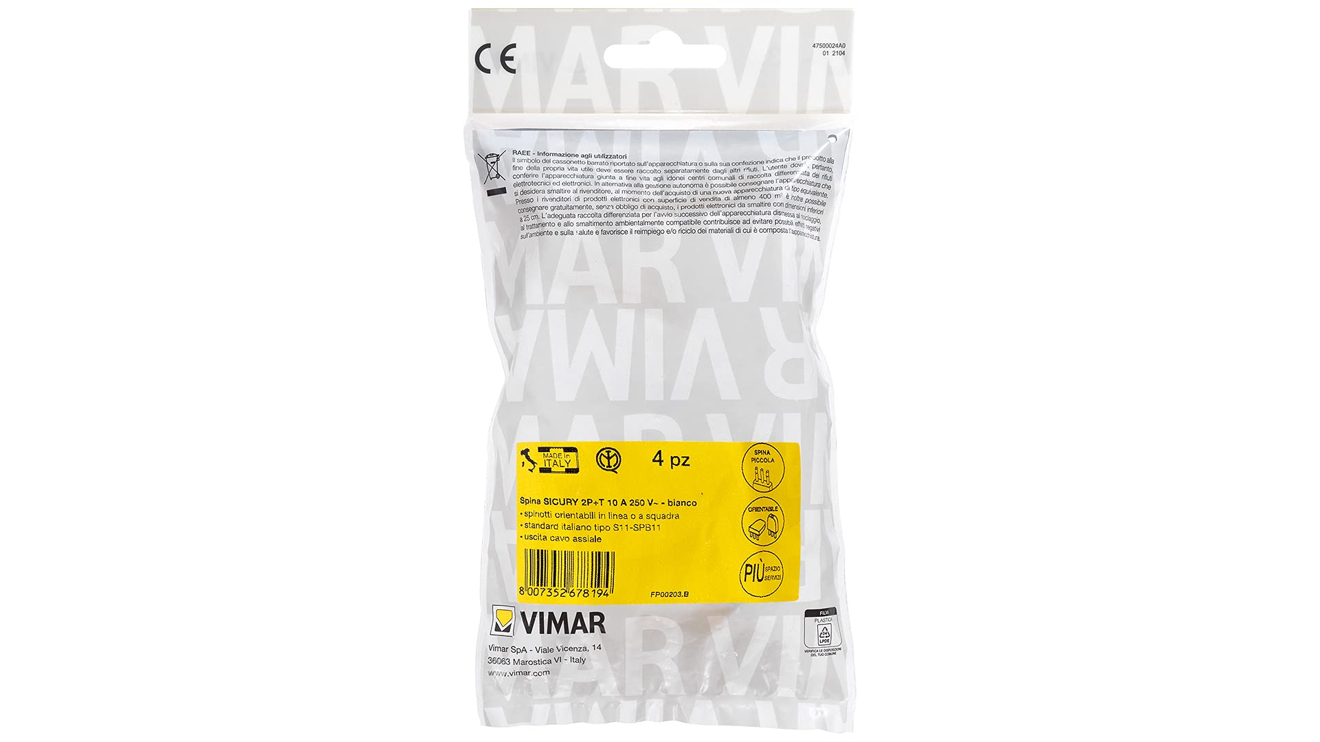 Vimar FP00203.B Mała wtyczka SICURY 2P+T 10 A 250 V~ 4 szt., Wtyczki obrotowe w linii lub zespołowej, włoski standard typu S11-SPB11