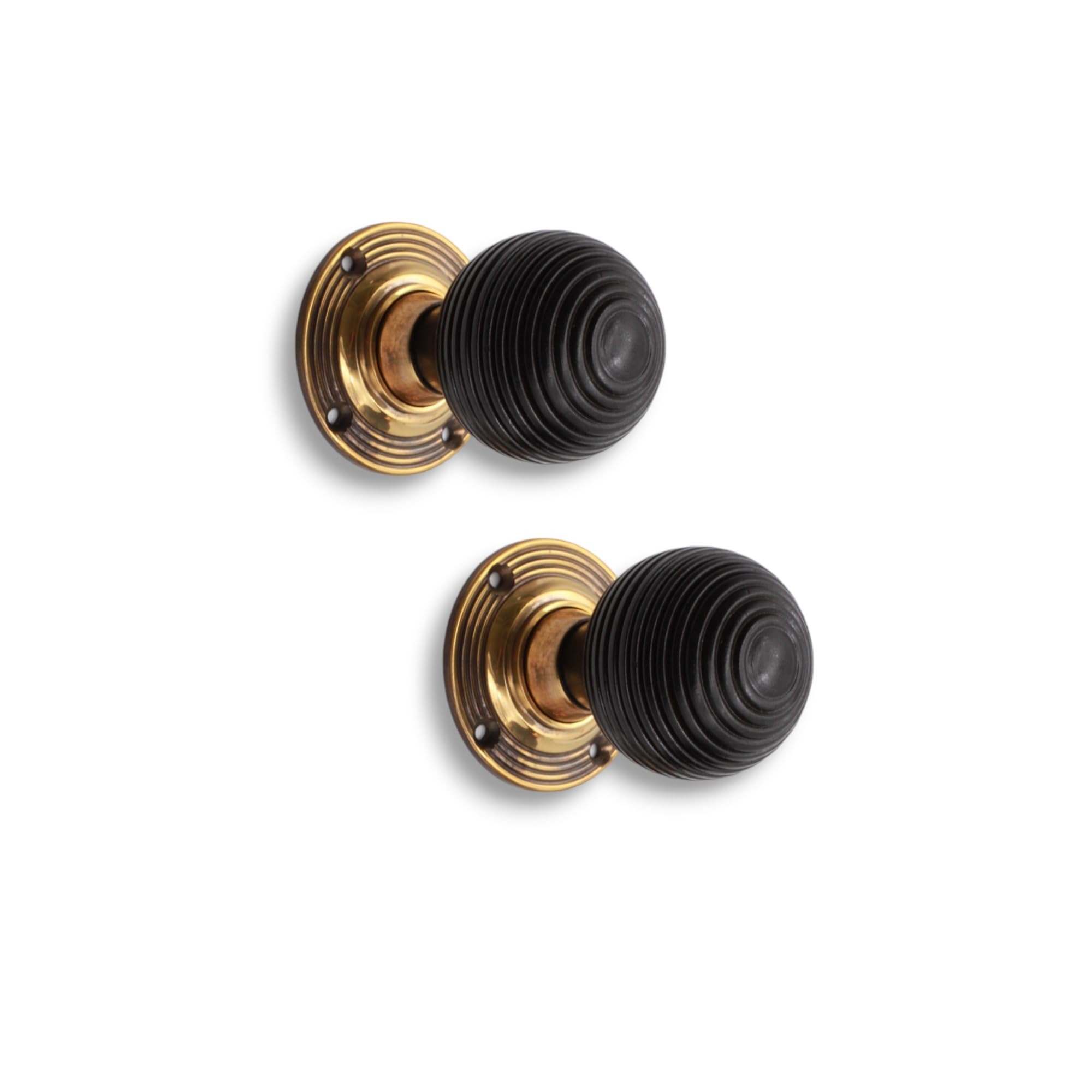 Infinity Decor Ebonised Wooden Beehive Mortice Rim Door Knobs Brass Pull Handles on Unsprung Rose 55mm – Ideal for Interior & Exterior Use  (Aged Brass)