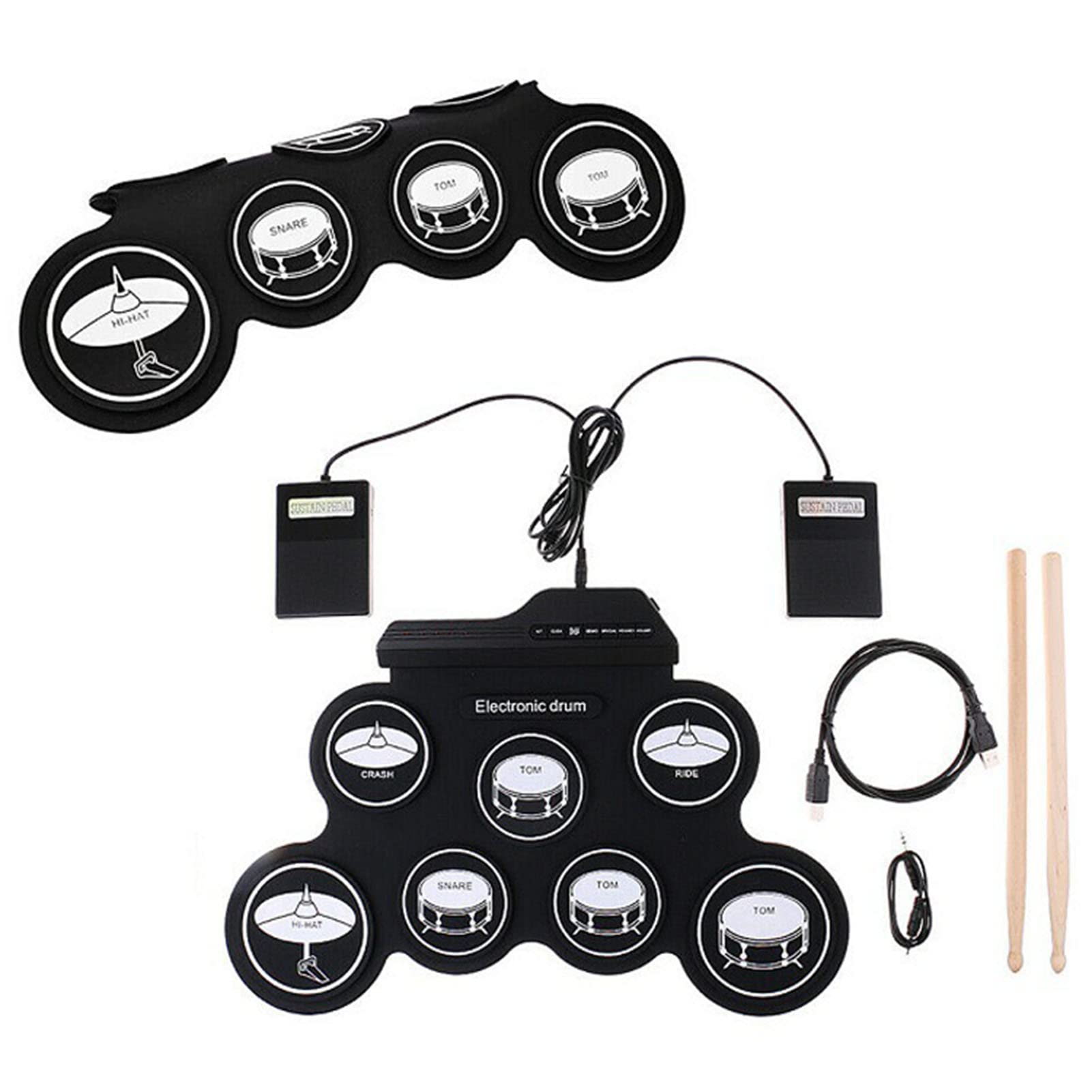 Ejoyous Elektronisches Schlagzeug, 7 Silikon-Drum-Pads mit 5 Stimmungen, 8 Demo-Songs, 3 Rhythmen, Aufrollbares Schlagzeug-Übungspad mit MP3-Eingang, für Smartphones und Tablets