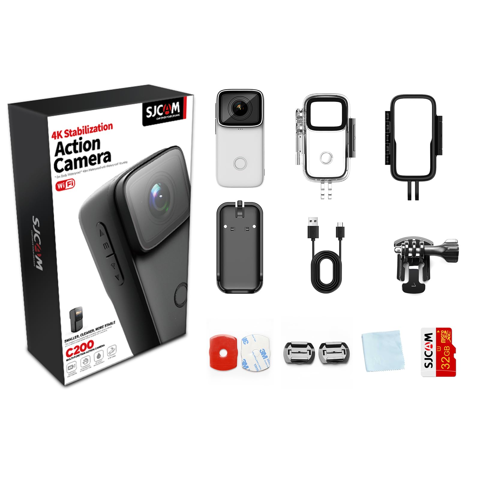 SJCAM Cámara Deportiva C200 4K, Mini Camara, Cámara Acuática Sumergible de 40M, Videocámara de Casco，Estabilización 6-aixs，Gran Angular de 154°con Control Remoto de 2.4Ghz/5Ghz