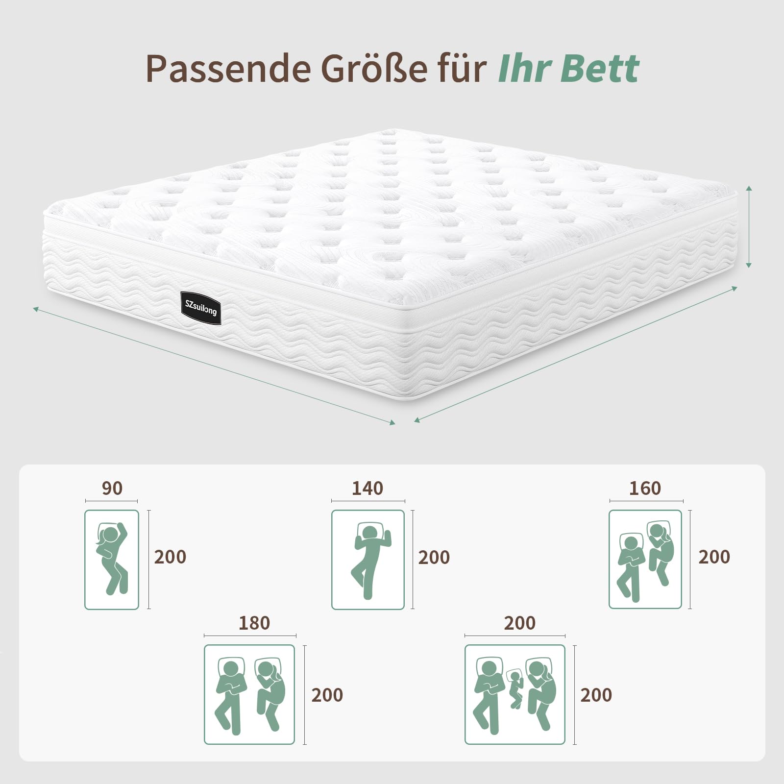 SZsuilong Matratze 200x200 H3 Höhe 25cm mit Komfortschaum,7 Zonen Taschenfederkernmatratze Ergonomische,Federkernmatratze für Erwachsene Öko-Tex Zertifiziert & CertiPUR Zertifiziert